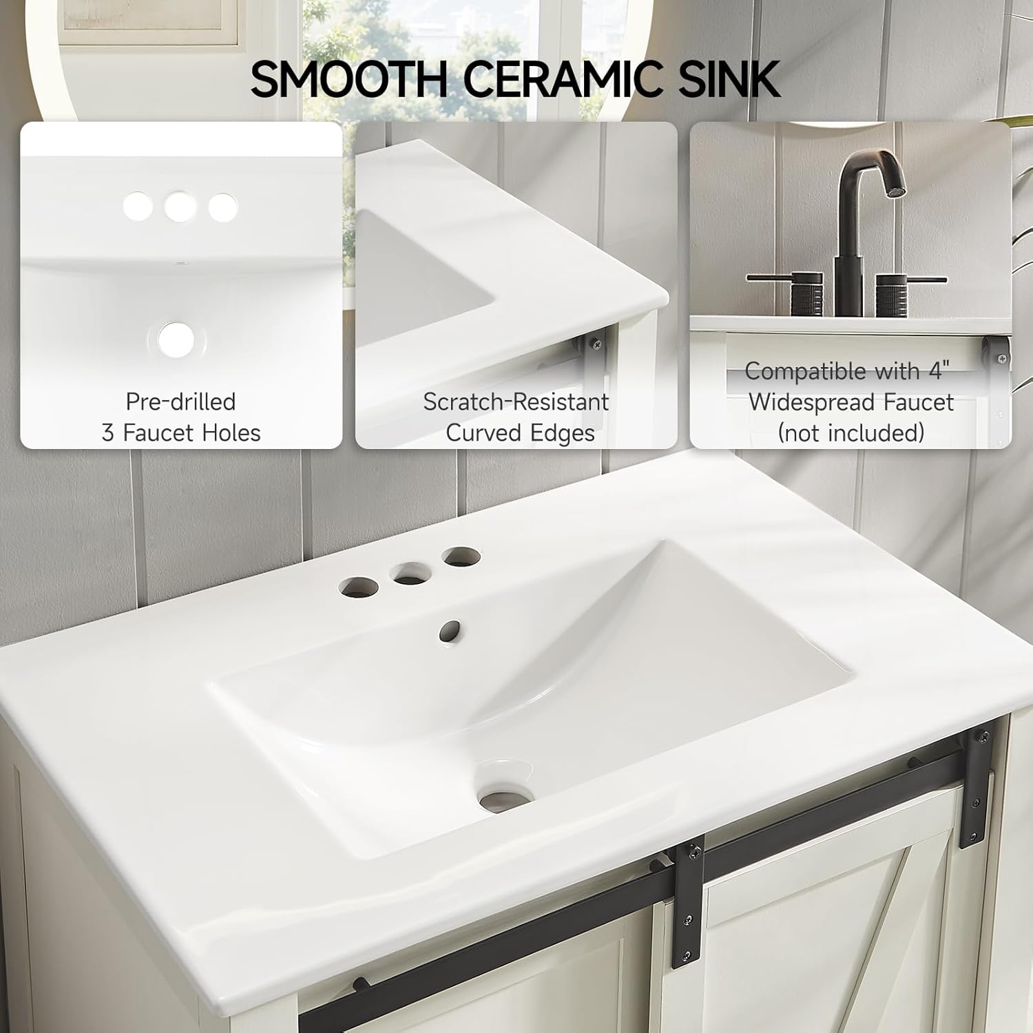 ONBRILL Farmhouse Bathroom Vanity with Sink Combo, 30" Sliding Barn Door Bathroom Vanities w/Ceramic Basin & Metal Handle, Freestanding Thicken Single Sink Cabinet w/Adjustable Shelve (White)