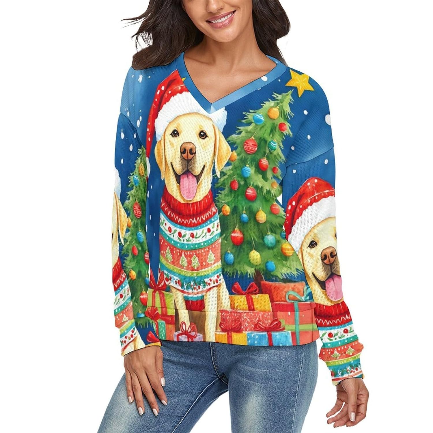 Christmas Dog V Neck Sweaters for Women Yellow Labrador Dog Red Hat Womens Sweater