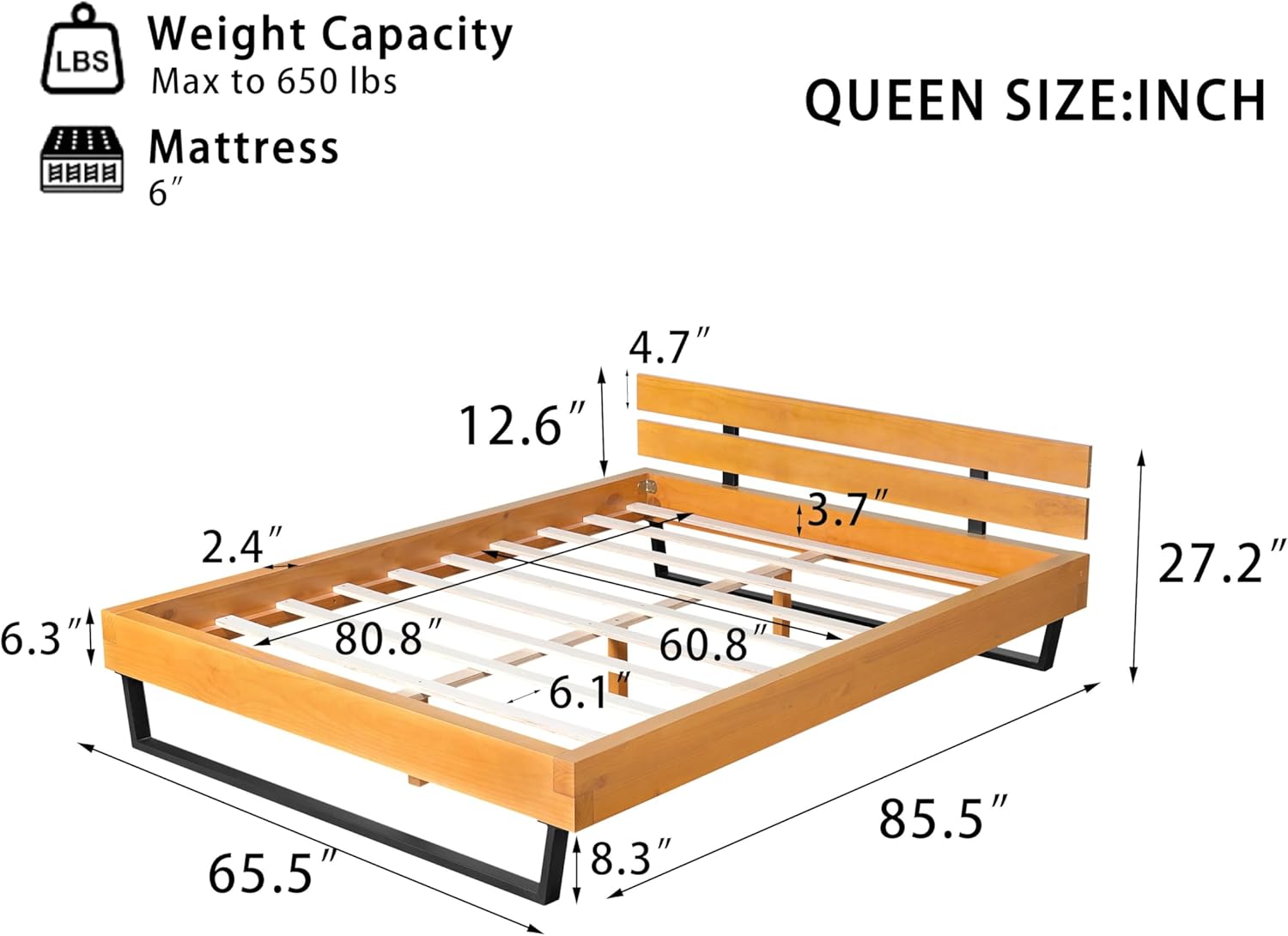 GDFStudio Bed Frame with Low Pine Wood Headboard Wood & Metal Legs Modern Industrial Design Bed Frame Wooden Slats, No Box Spring Needed Platform Bed, Queen Size, Natural