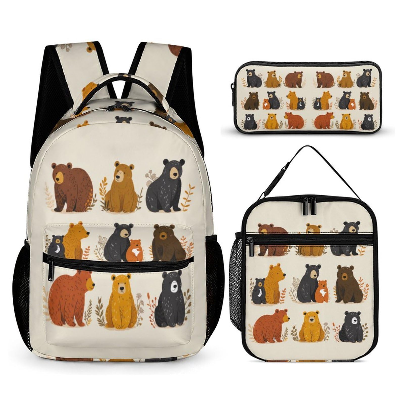 Mochila Infantil Oso para Niños 3 Piezas con Lonchera y Estuche, Mochila Escolar Estampado de Animales Niña 6-10 Años, Regalo de Cumpleaños para Escuela