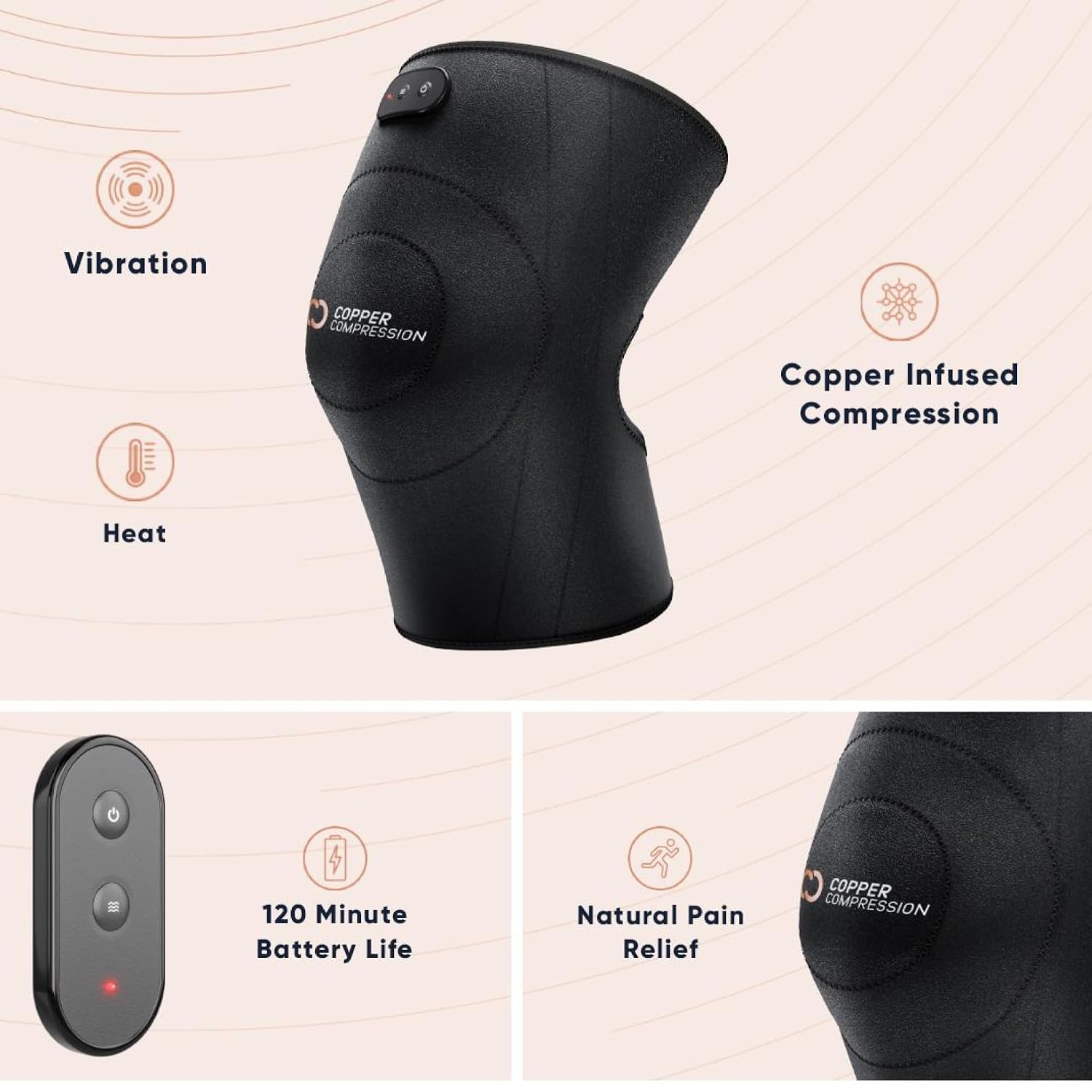 Copper Compression CopperVibe Vibration + Heat Therapy Knee/Elbow Brace Support Vibrating Heating Pad Massager for Joint Pain Relief, Arthritis, Meniscus Tear, Tennis - For Women & Men - 1 Wrap