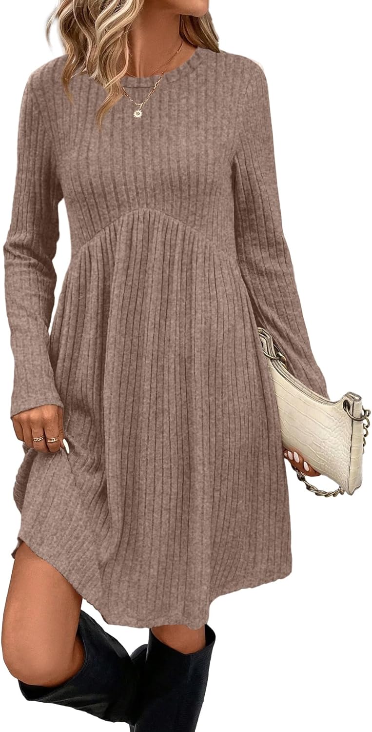 OFEEFAN Long Sleeve Dress for Women Crew Neck Empire Waist Tunic Dress with Pockets