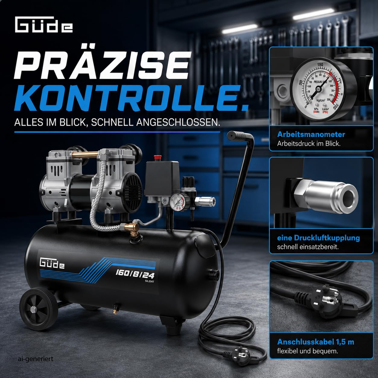 Güde Kompressor Airpower 160/8/24 SILENT, 1100 Watt Induktionsmotor, 8 bar