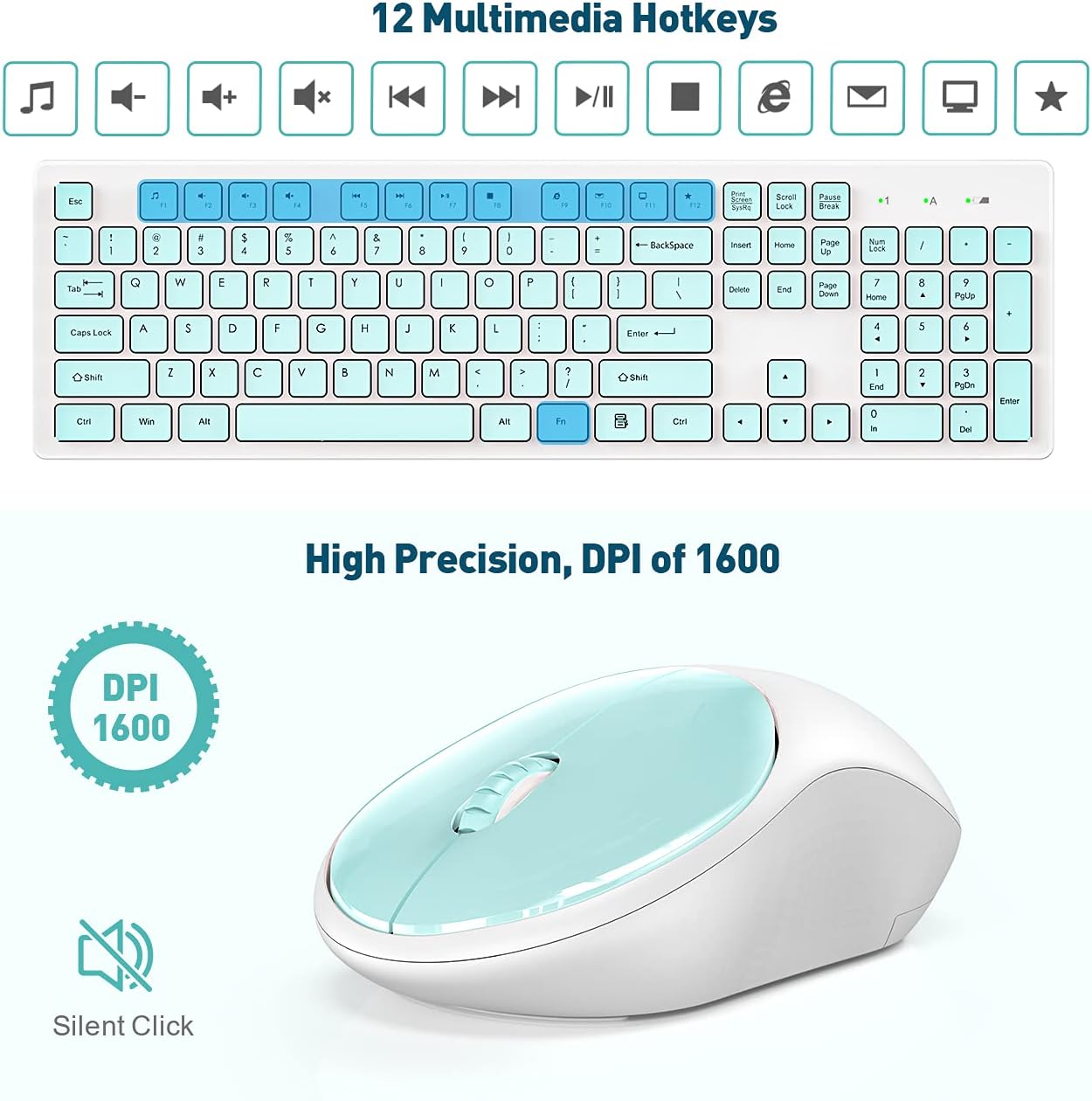 RATEL Wireless Keyboard Mouse Combo, 2.4GHz Slim Full-Sized Silent Wireless Keyboard and Mouse Combo with USB Nano Receiver for Laptop, PC (Green)