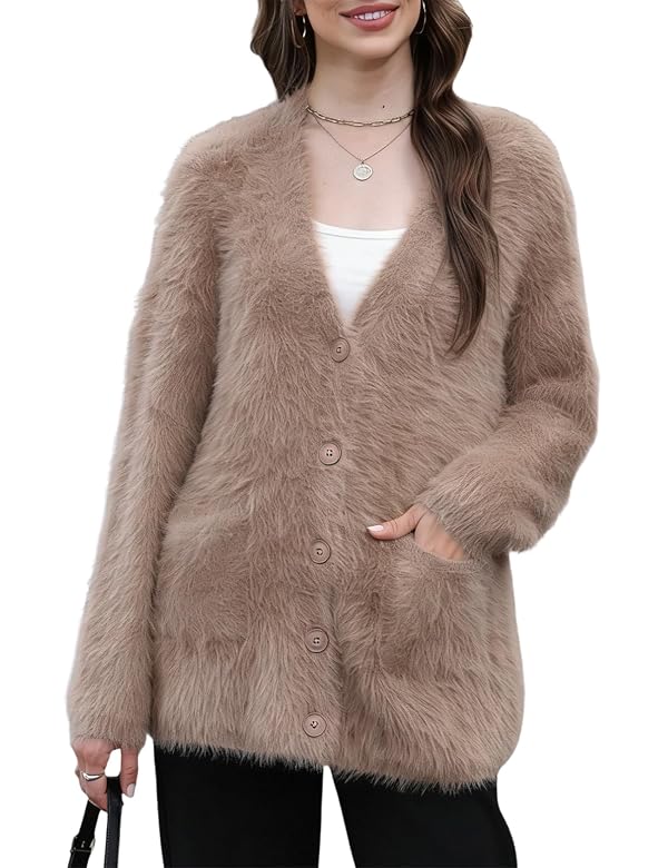 Wyeysyt Women's Fuzzy Cardigan Sweater V Neck Long Sleeve Button Down Knit Furry Sweaters with Pockets(Khaki-M) by Wyeysyt - Used condition - US$16.33