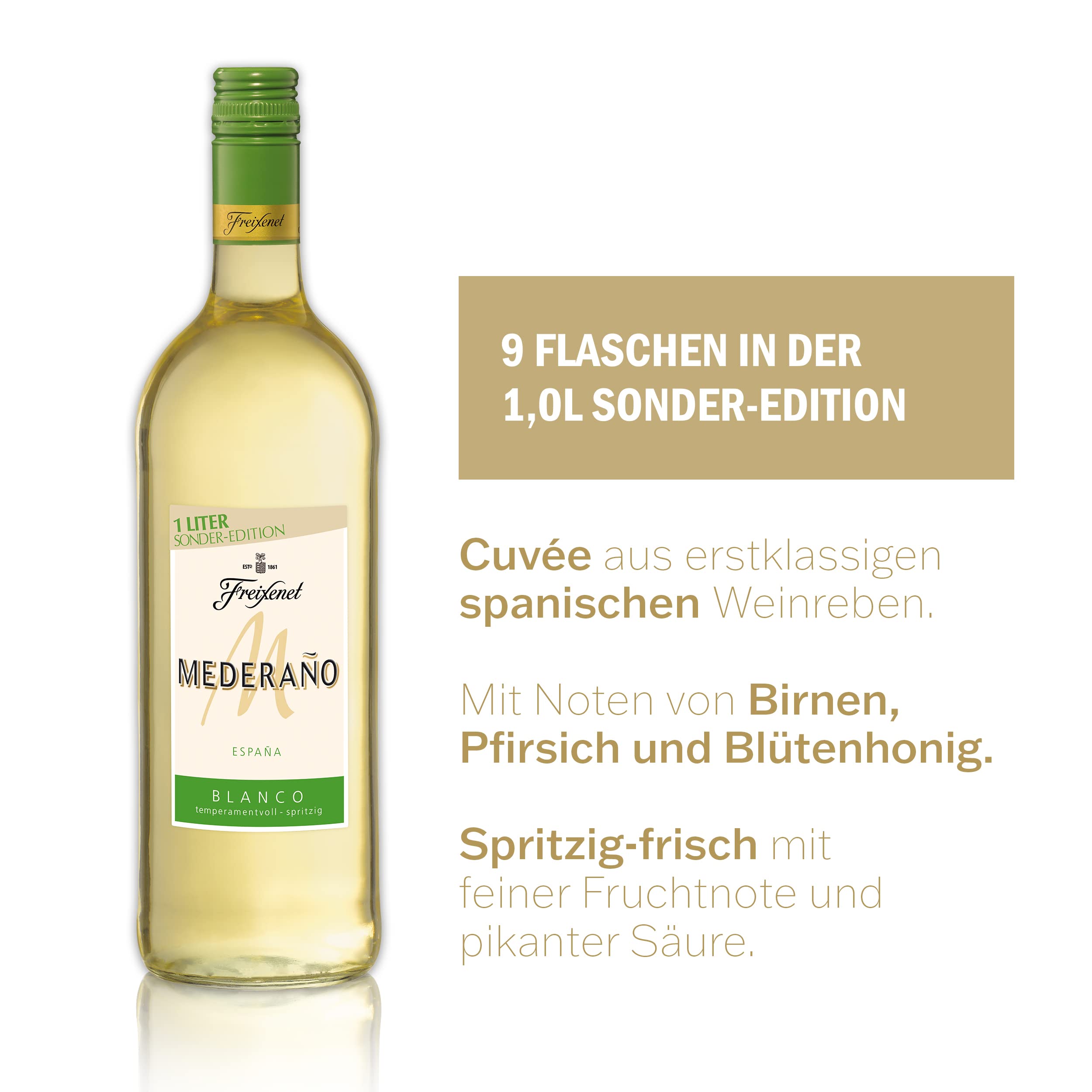 Freixenet Mederaño Blanco, Spanischer Weißwein (9x1,0l) Set - Sonder-Edition - Spanish White Wine, Wein, halbtrocken, ideal zu Sommersalaten und leichten Speisen