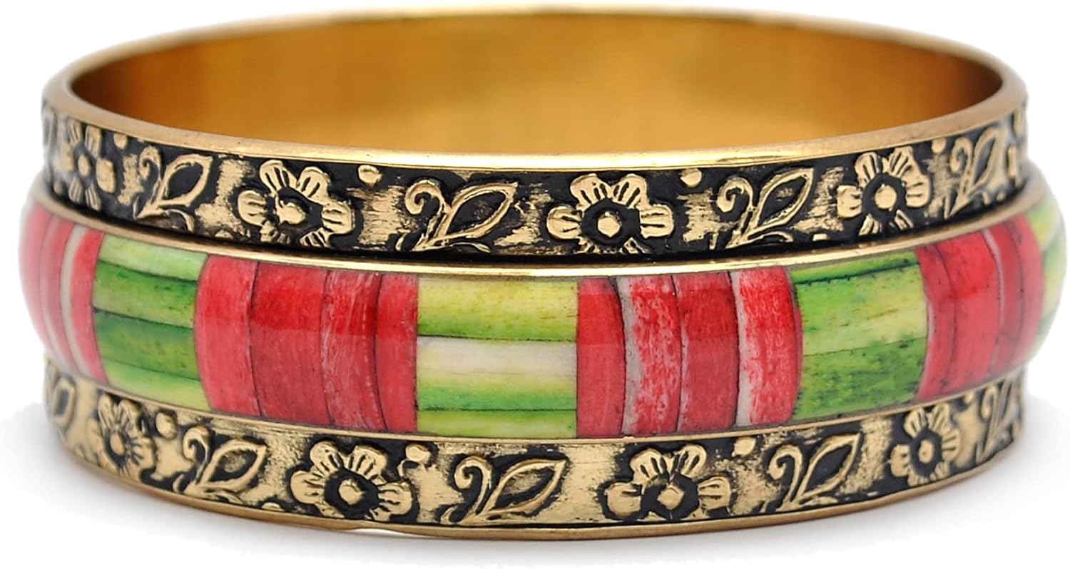 Pure Hands Red Green Mosaic Bone Bangle – Enchanting Rainbow Studio | Handmade Organic Buffalo Bone with Floral Brass Bangles | PU Coated Tarnish-Resistant Jewelry for Girls