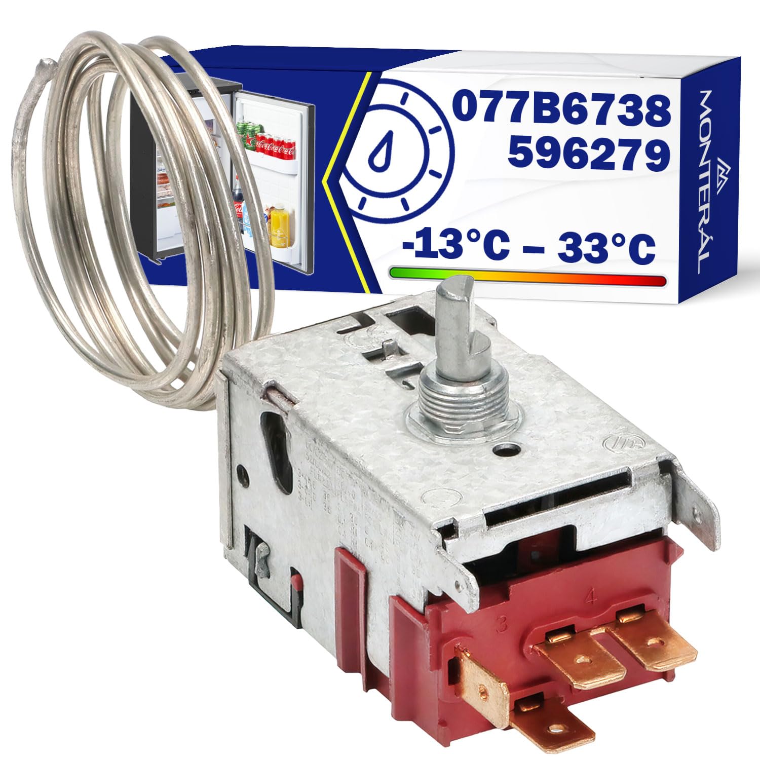 Thermostat 077B6738 pour Frigo 125/250V 6A Longueur du Tube Capillaire 800 mm avec le Code Original 596279 pour Gorenje - avec 4 Contacts 6,3 mm AMP - MONTERAL