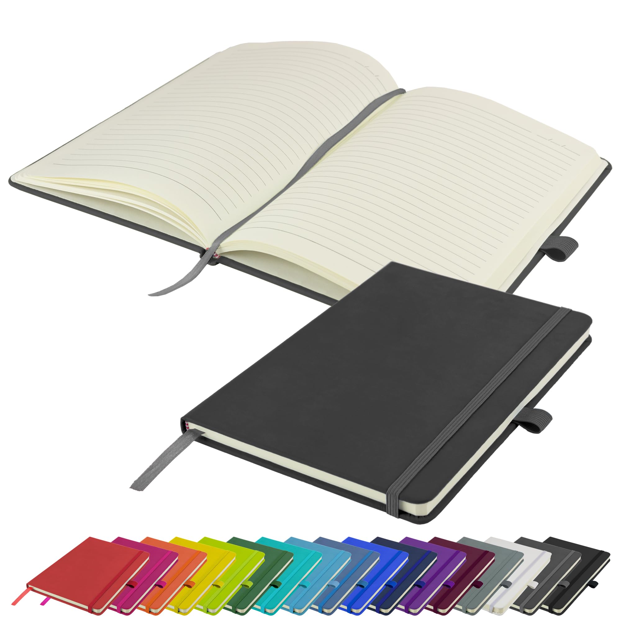 Savvy Bee A5 Notebook New Lined Hardback Journal with Pen Loop, Elastic Closure & Ribbon Page Marker Notepad Note Book Notes Diary Pad (Dark Grey)