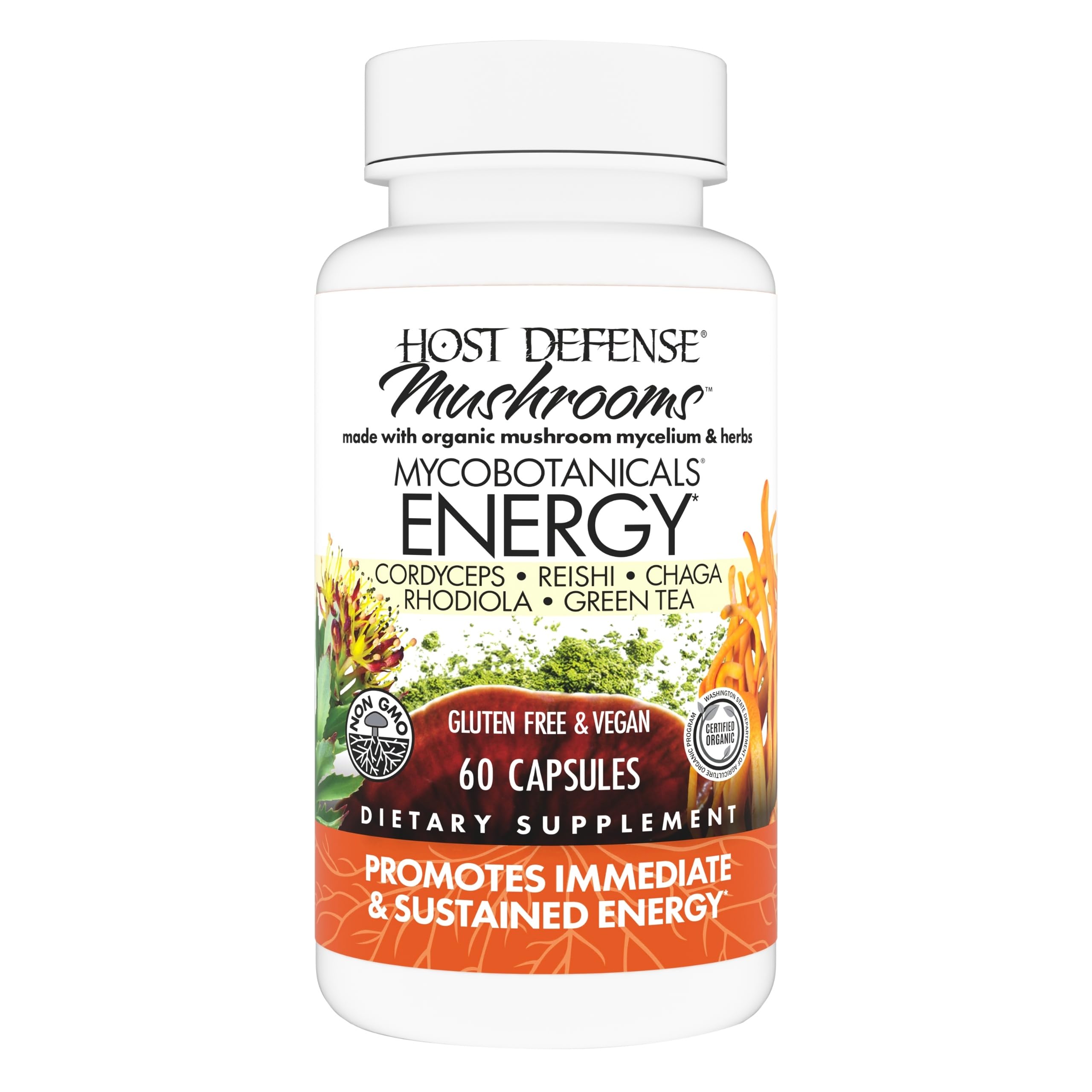 Host Defense MycoBotanicals Energy* Capsules - Energy & Respiratory Support Supplement - Herbal Green Tea Capsules - Respiratory Supplement with Cordyceps, Reishi & Chaga - 60 Capsules (30 Servings)*USDA Organic