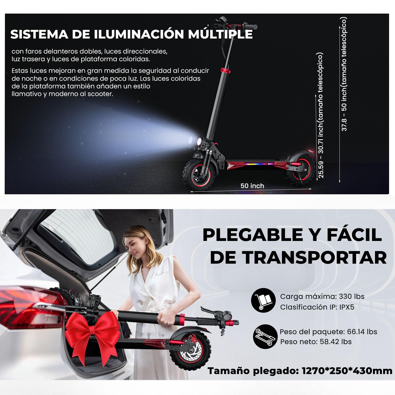 1600W Patinete Eléctrico Adultos Autonomía 45-55KM, 48V/18Ah Batería, Ruedas 10.5" Todoterreno Electric Scooter Doble Frenado Sistema Patinete Electrico Plegable de Aluminio Capacidad Carga 150kg