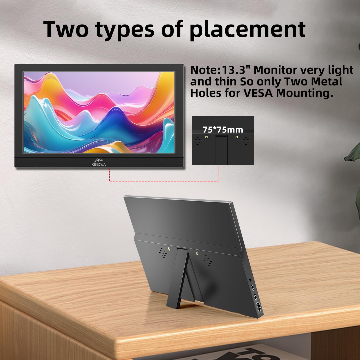 Kenowa 13.3 Zoll USB-C Tragbarer Monitor mit Dual Type-C/HDMI IPS-Bildschirm FHD 1920x1080 LCD Externe Monitor für Windows 7 8 10 OS PS3 PS4 Xbox Mac Raspberry Pi B Computer Laptop