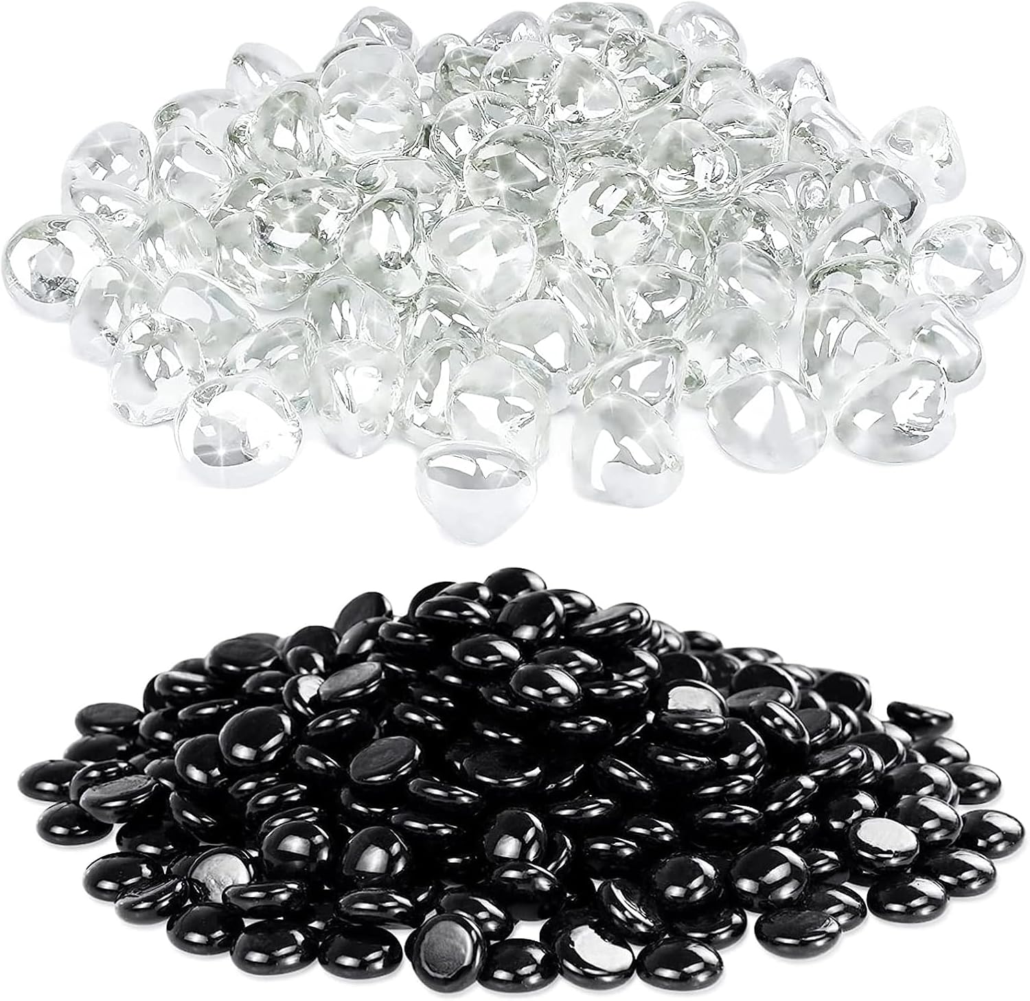GRISUN 20 Pounds Black Fire Pit Glass Beads and 10 Pounds Ultra White Fire Glass Diamonds for Fire Pit, High Luster Reflective Tempered Glass Rocks for Natural or Propane Fireplace, Safe
