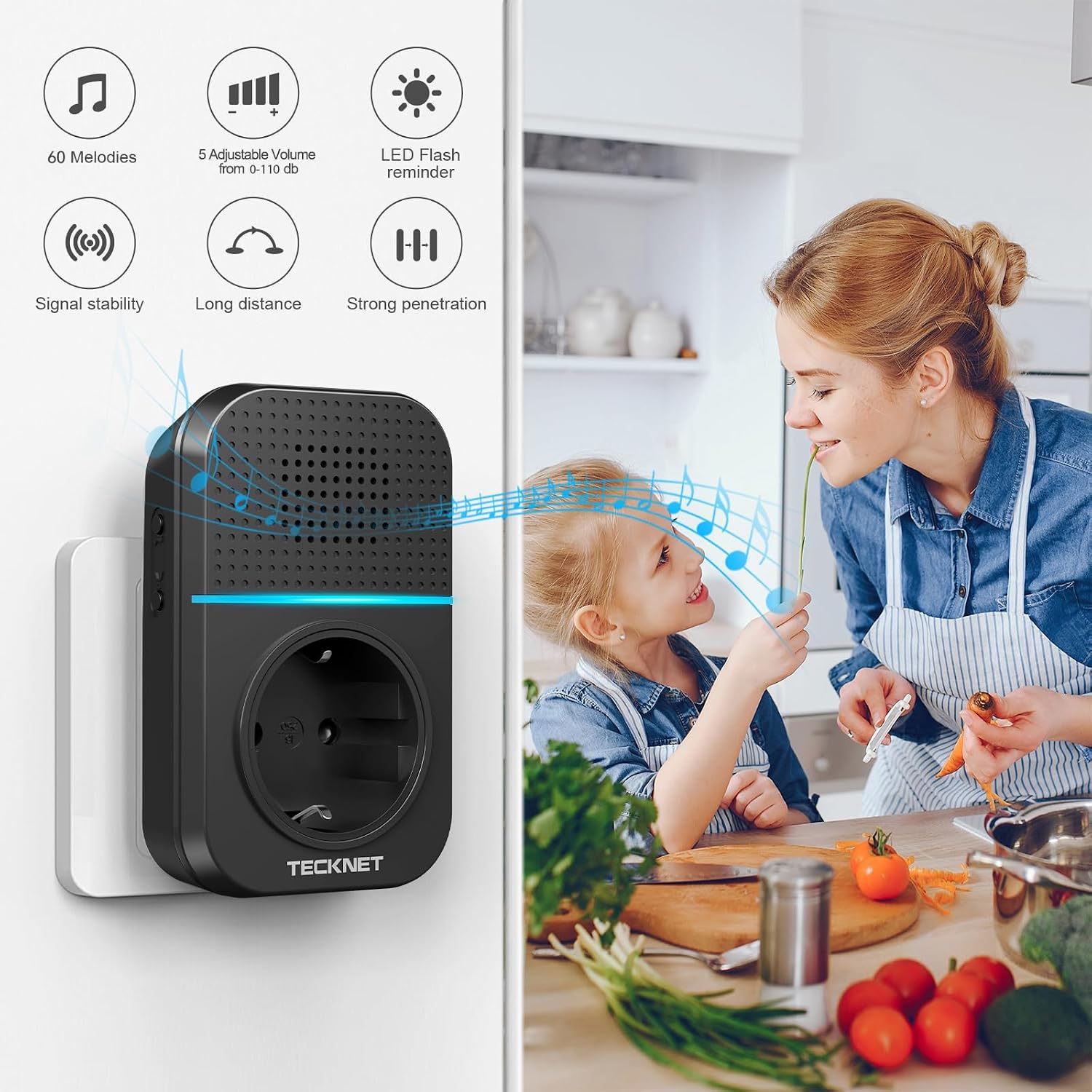 TECKNET Doorbell features: 60 melodies, 5 adjustable volume, LED flash, signal stability, long distance, strong penetration