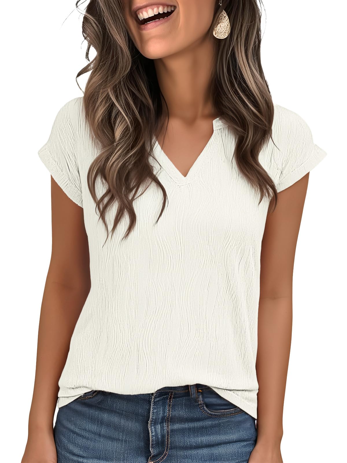 Jouica Women's Short Sleeve Dressy Tops V-Neck Textured Tops Cute Summer Tops 2025 Basic T-Shirts Work Blouses