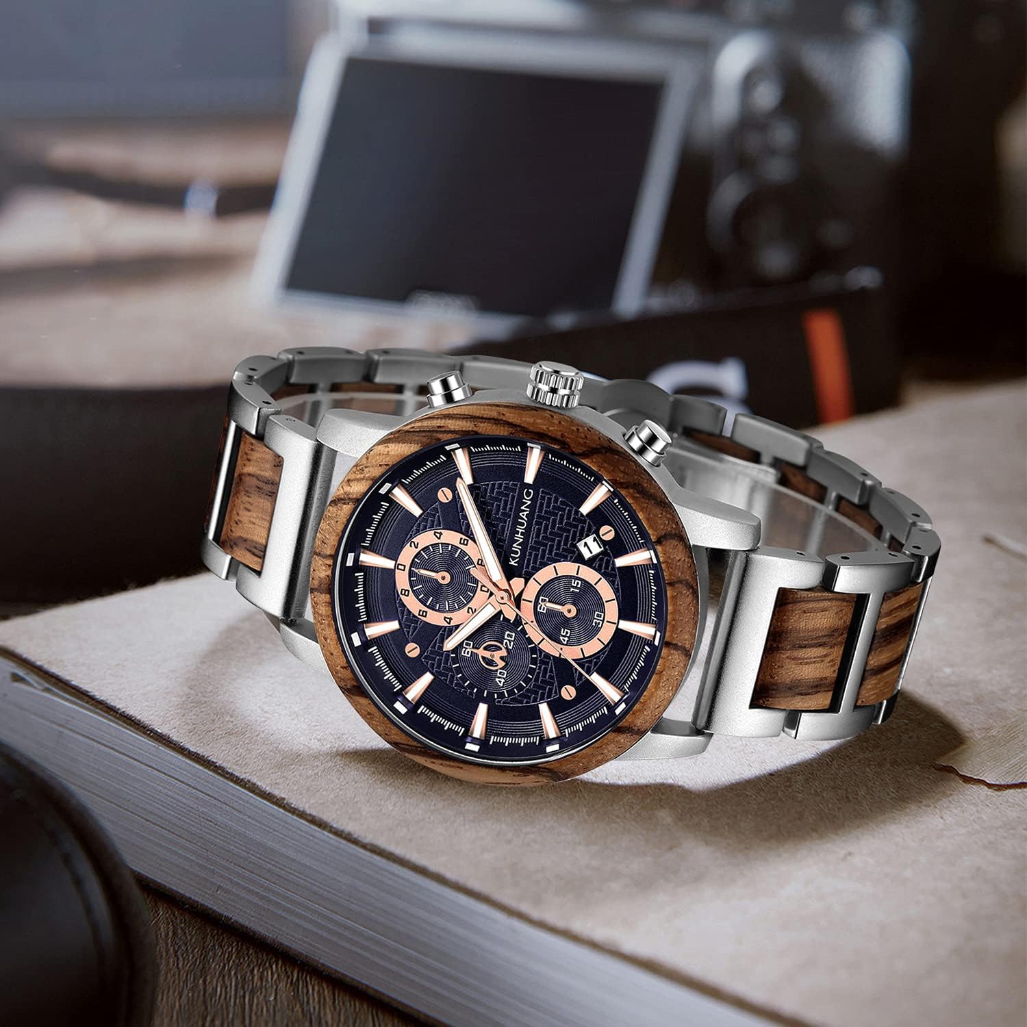 IK COLOURING Men's Wooden Watches, Multifuctional Quartz Chronograph & Date Display Watch for Men Handmade Wood Wrist Watch Luminous Stylish Casual Lightweight Wood & Stainless Steel Male Watch - Image 3