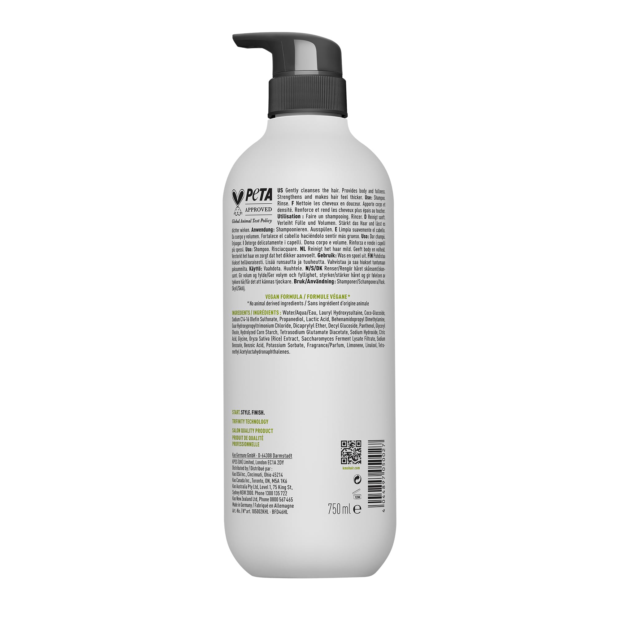 KMS ADDVOLUME Shampoo für feines bis mittelstarkes Haar, dem Volumen fehlt oder das dünn erscheint, mehr Fülle, stärkeres Haar, vegane Formulierung mit upgecyceltem Reis, ohne Silikone, 750ml
