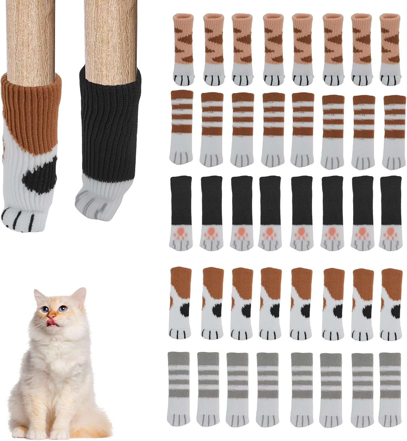 40 Pcs Chair Leg Floor Protectors,Cute Cat Paw Chair Leg Socks Non-Slip Knitted Furniture Socks, High Elastic Chair Leg Protectors for Hardwood Floors (5 Styles)