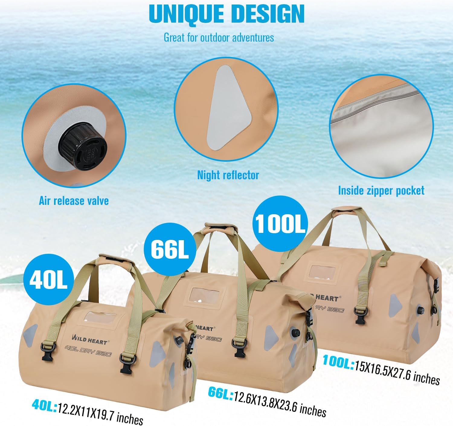 WILD HEART Waterproof Motorcycle Duffel Bag PVC500D Double-bottom With Rope Straps and Inner Pocket 40L 66L 100L for Kayaking, Camping, Boating,Motorcycle - Image 4