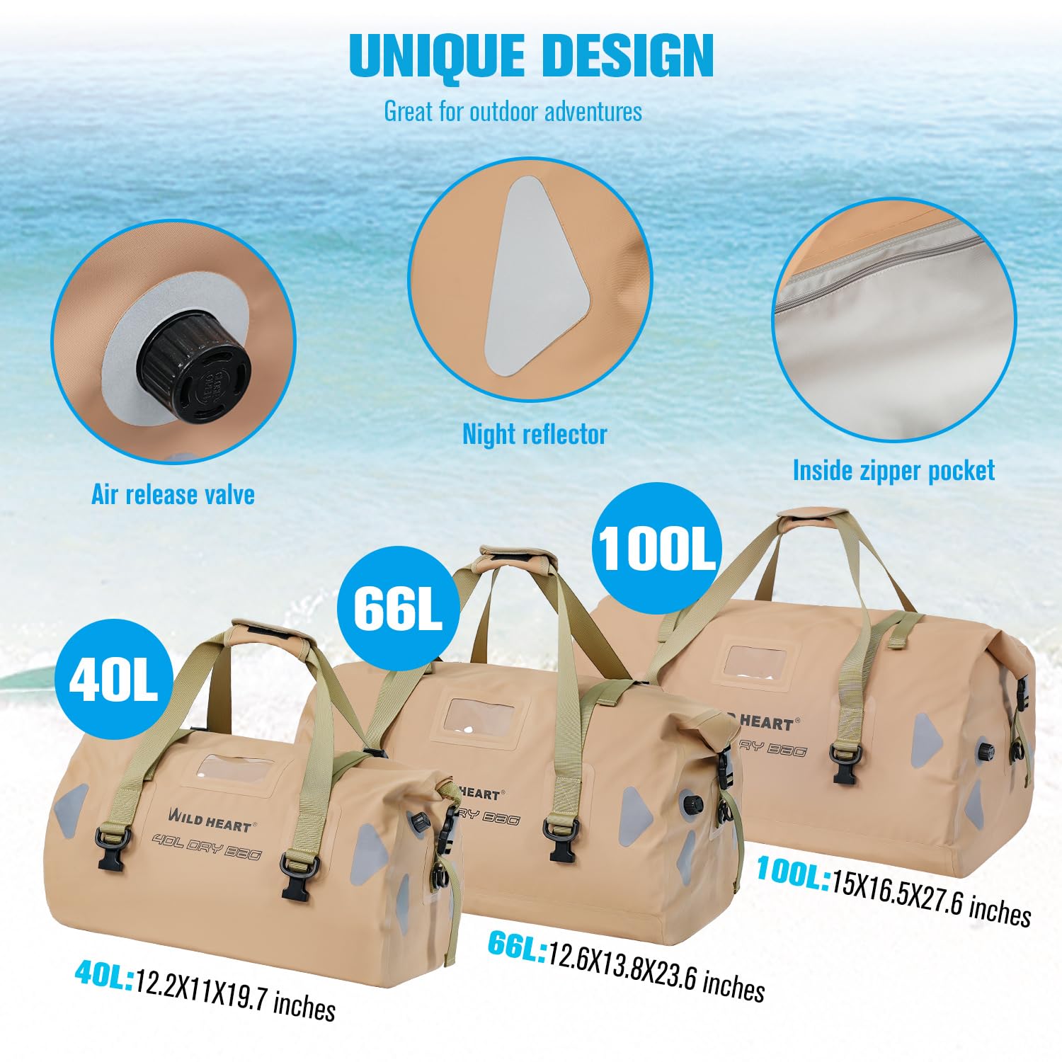 WILD HEART wasserdichte Reisetasche PVC500D Doppelboden mit Seil und Innentasche 40L 66L 100L Für Kajak,Camping,Bootfahren,Motorrad