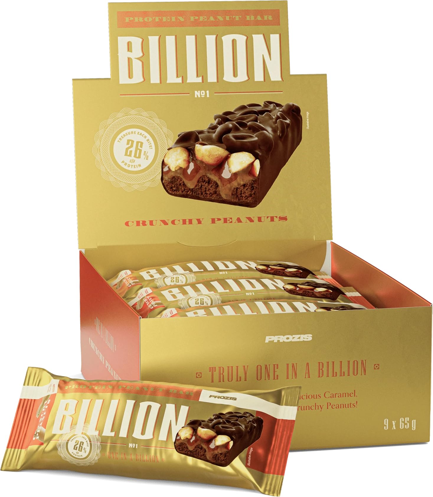 Prozis Billion Bar 9 x 65 gr - barrette proteiche a base di arachidi caramello cioccolato. (585 gr, arachidi cioccolato latte)