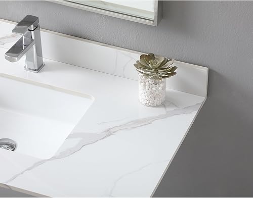 Miniatura 7 de Carrara Gold - Tocador de baño de 43 pulgadas, encimera de tocador de piedra sinterizada dorada con fregadero rectangular de cerámica y salpicadero