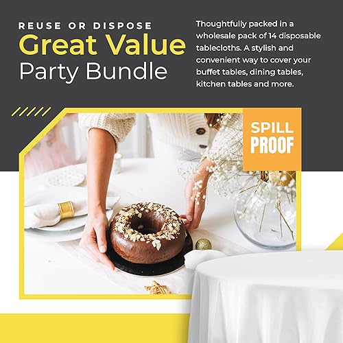 Miniatura 3 de Paquete de 5 manteles redondos de plástico blanco de alta calidad, 84 x 84 pulgadas, manteles redondos desechables de plástico - Mantel redondo