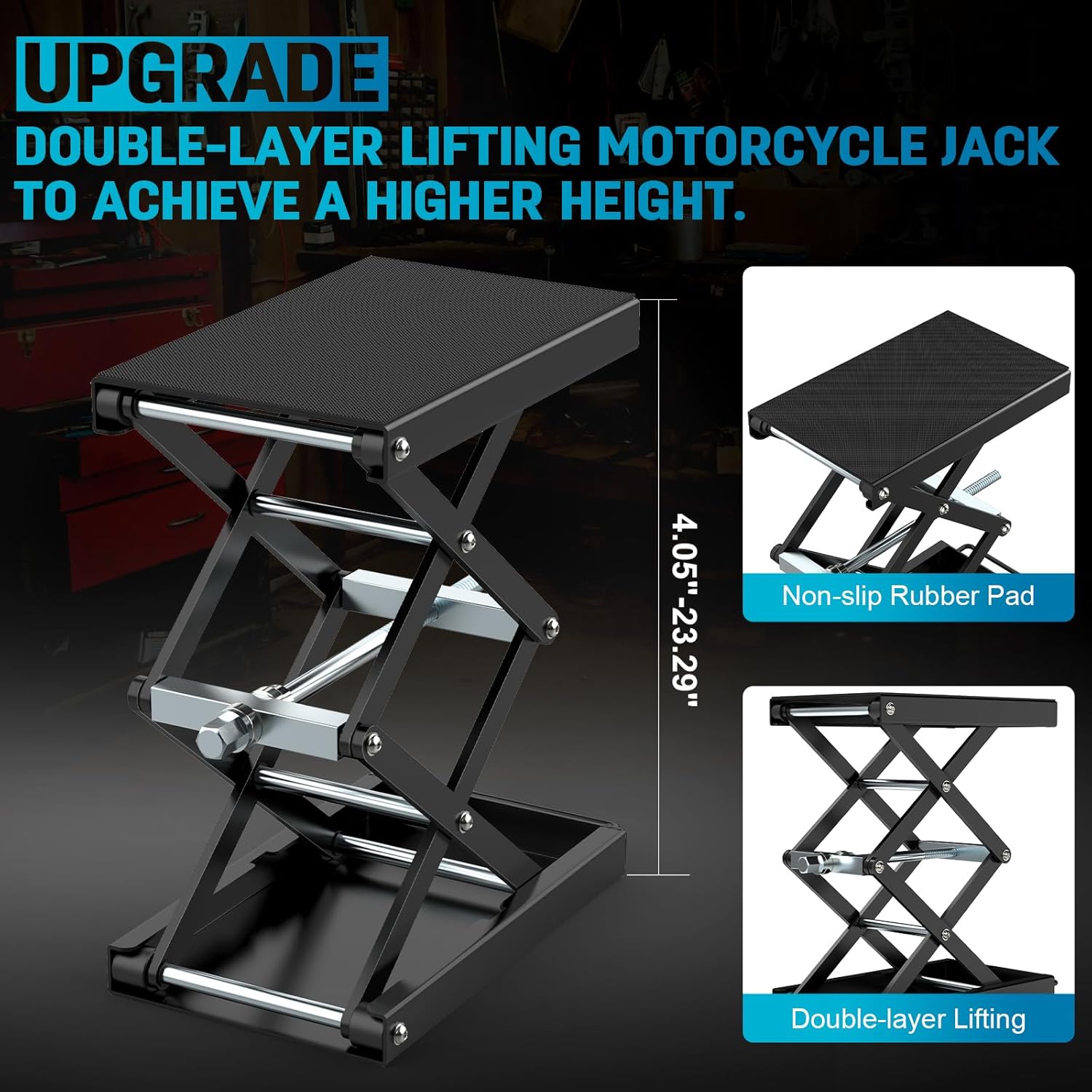 Upgraded Double-Layer Motorcycle Lift Stand with J Crank Handle & Socket, 1100lb Capacity Steel Motorcycle Jack Stand, Scissor Lift with Deepened Rubber Pad & Wide Deck for Cruisers, ATV & Motorcycles