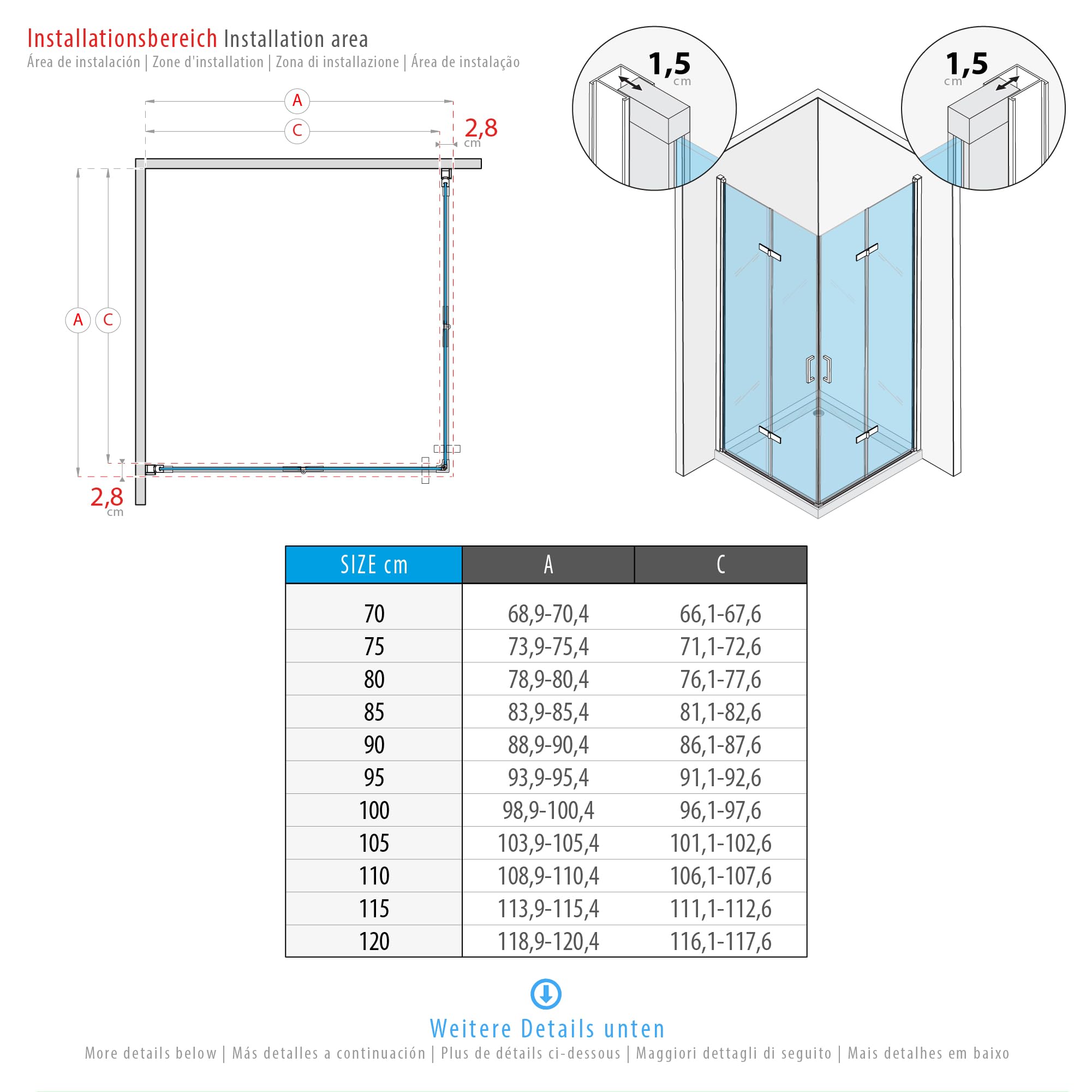 Mampara de Ducha Matilde | 75x75x190cm | REVERSIBLE | Puerta plegable | Ajuste 73,9-75,4 x 73,9-75,4cm | Perfiles Negros, Cristal transparente de 6 mm - Moments of Glass