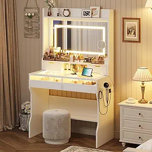 GarveeHome Vanity Desk with Mirror and Lights, Small Makeup Vanity Desk with Power Outlet&Glass Top, 3 Lighting Modes Brightness Adjustable, Bedroom Dressing Table with 7 Color Light Drawers, White