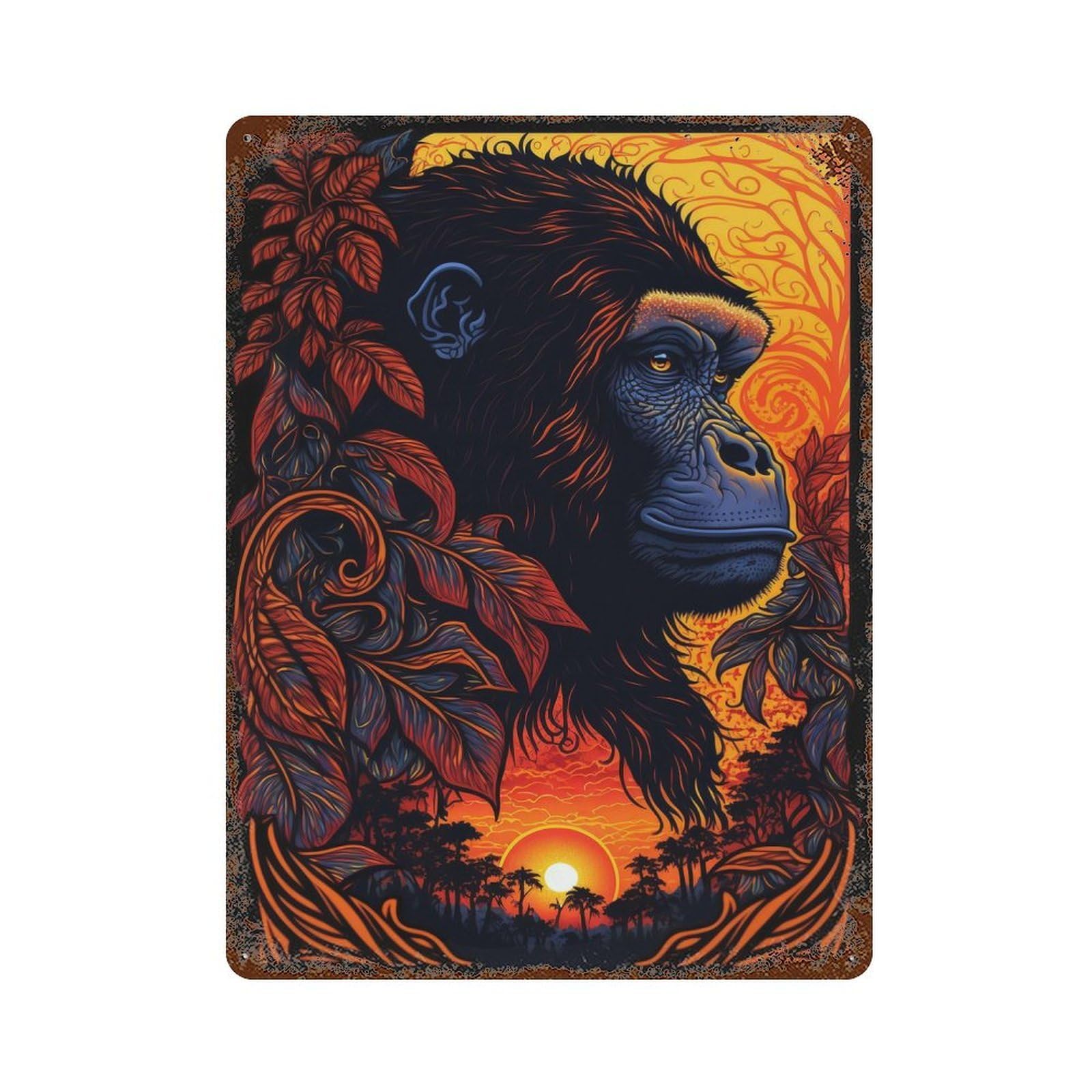 Gorilla Art Style 7 Rust Effect Tin Sign 15.7"x11.8", Old School Wall Decor for Living Room, Hallway And Home Decor