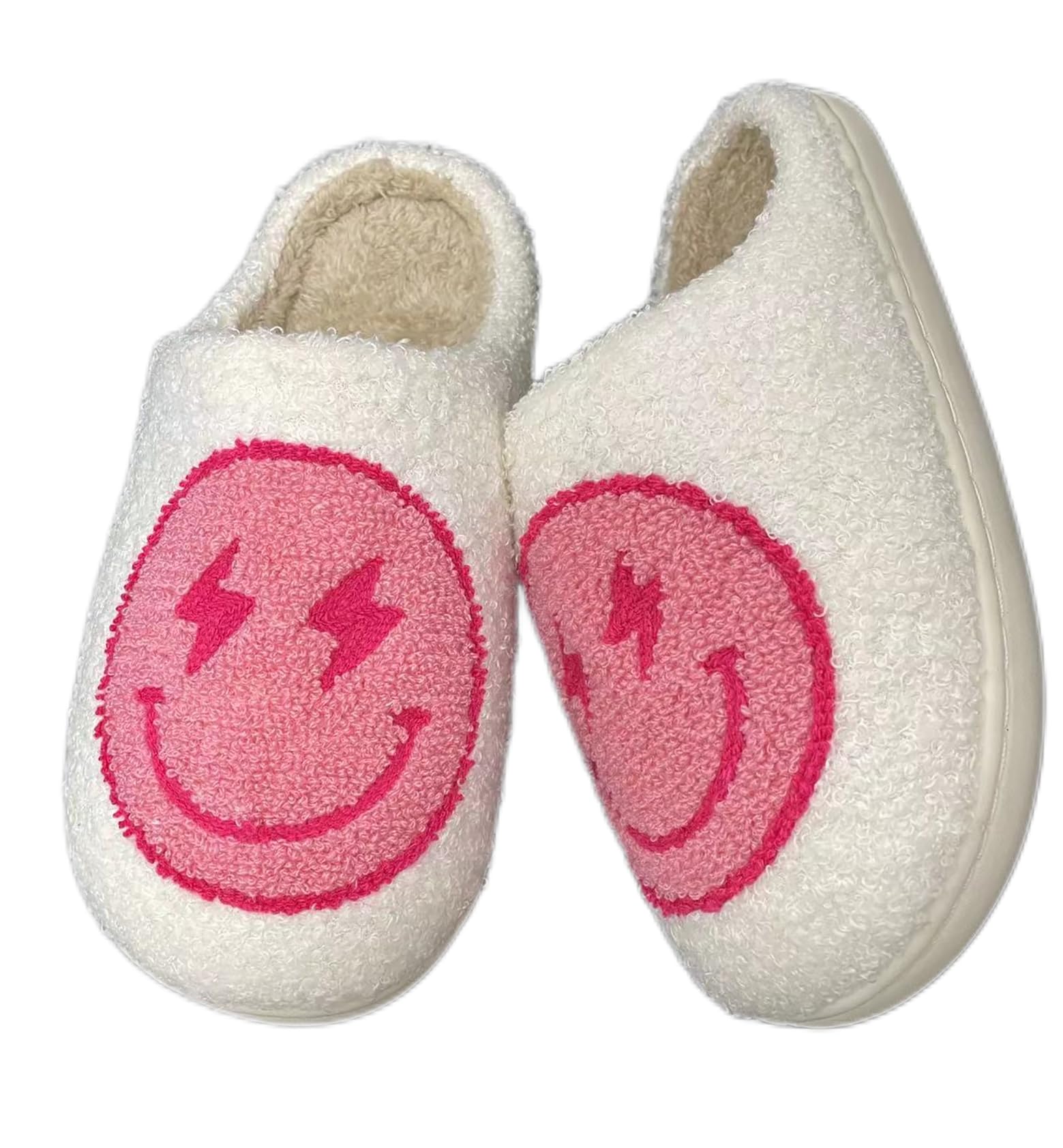 FUHUAQIWomen's Men's Retro Leopard Print Happy Face Slippers Lightning Bolt Happy Face Slippers Memory Foam Soft Plush Slippers Warm Non-Slip Home Shoes Pink 43-44