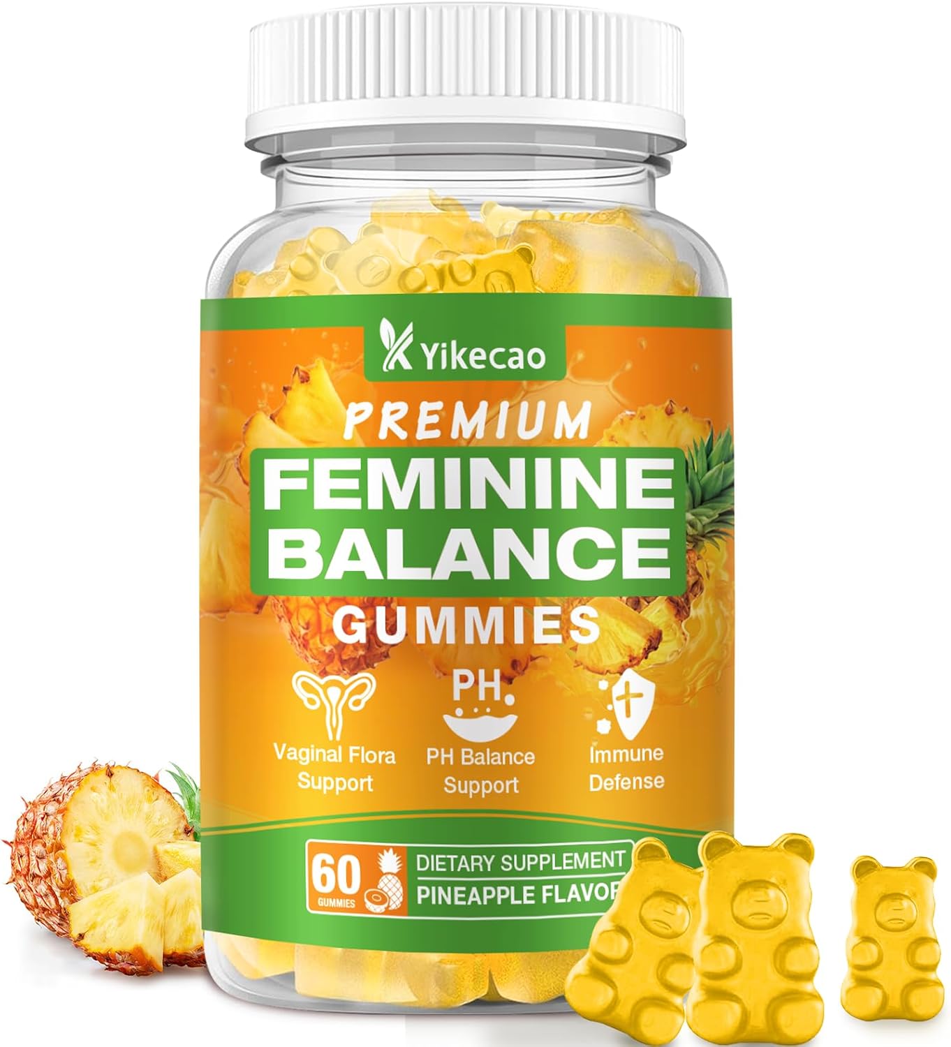Premium Feminine Balance Gummies for Women, Pineapple Gummies for Women Ph Balance & Vaginal Health, Immune Support, Vegan, Gluten-Free, Pineapple Flavor, 60 Count