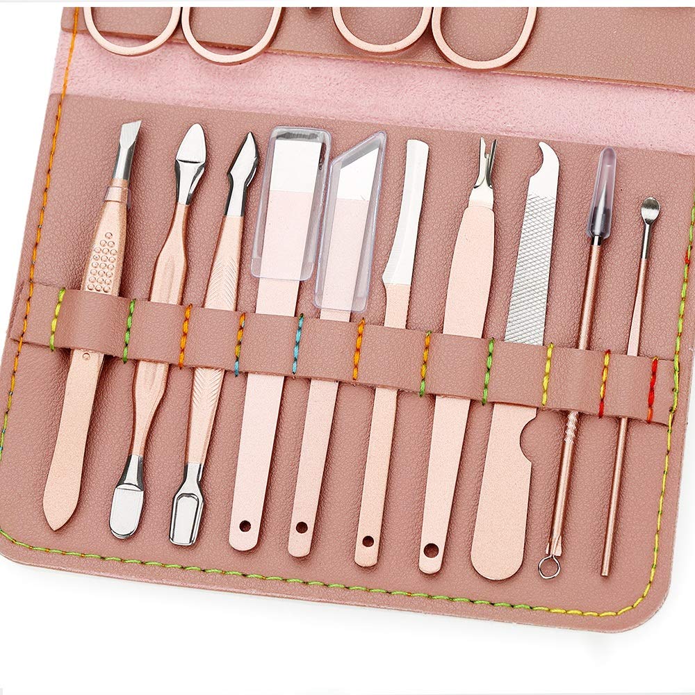 Juego de Cortaúñas Manicura 16pcs / set Rose Gold Nail Clipper Set Professo de acero inoxidable tijeras de uñas Scissors Clipper Tweeer Tools Family Foot Hand Care Set para el Cuidado Personal y la Be