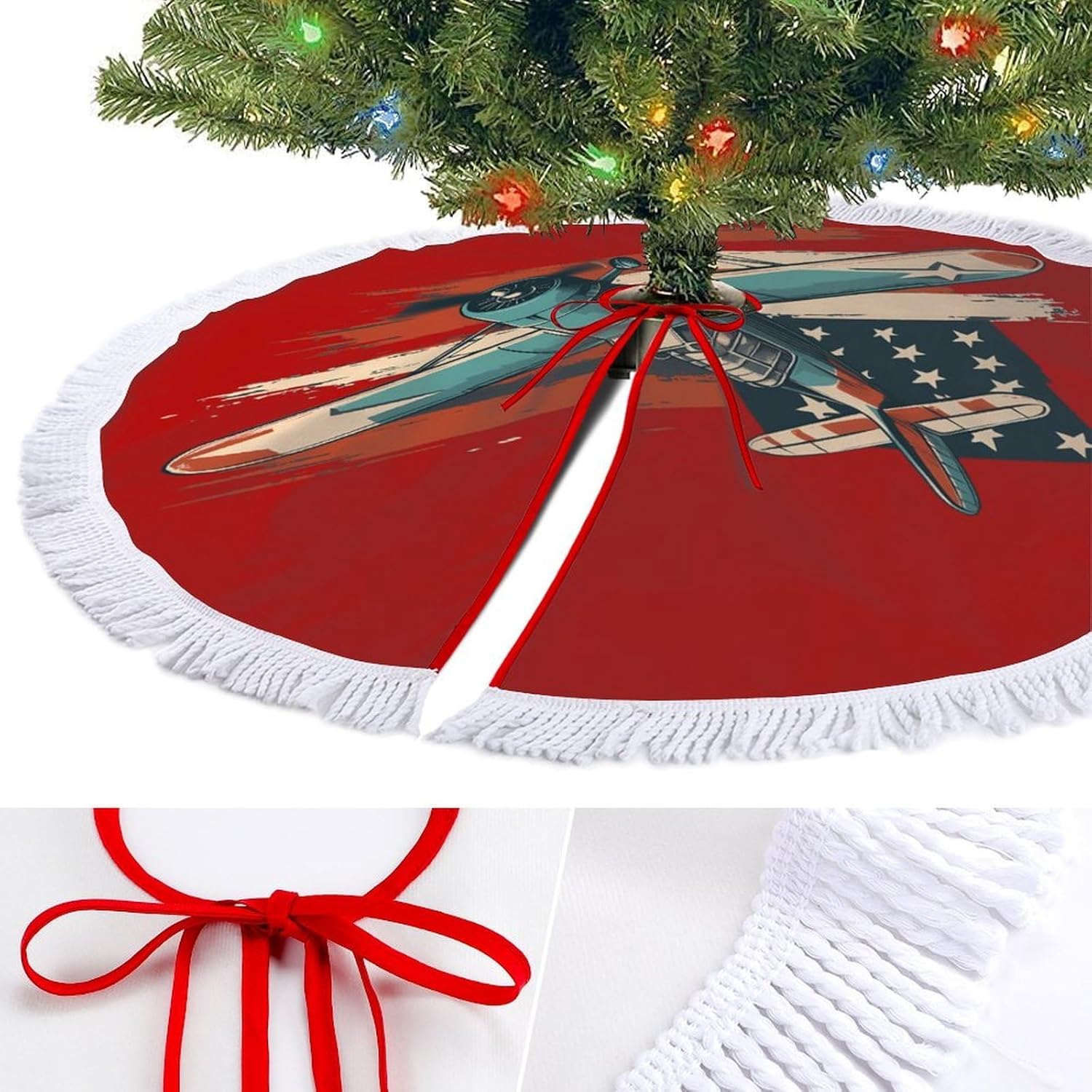 Vintage Airplane US Flag Christmas Tree Skirt Round Xmas Tree Mat Ornaments Tree Skirts with Tassels for Holiday Party