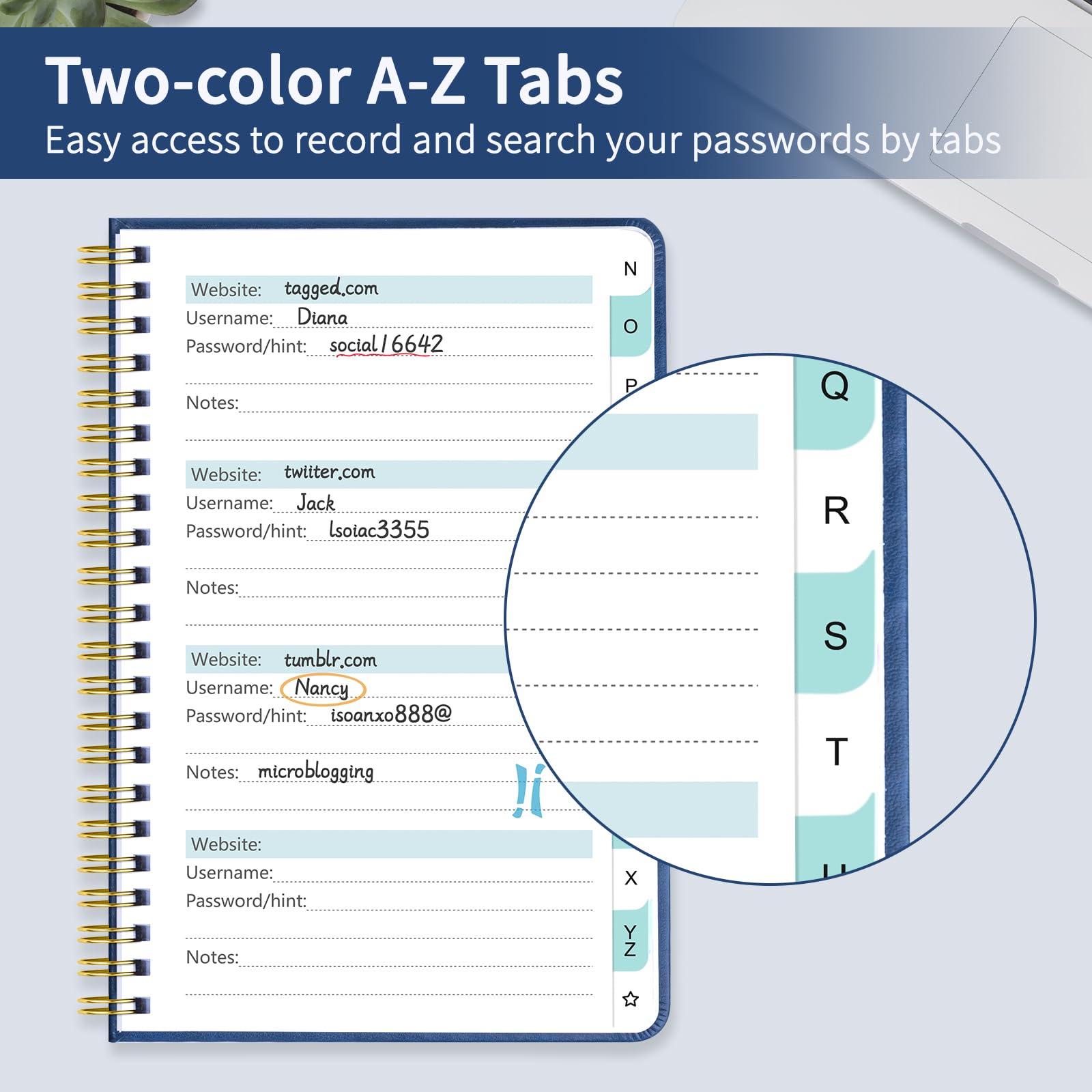 Homlive Cuaderno de contraseñas en espiral con pestañas alfabéticas individuales, libro de contraseñas de tapa dura para personas mayores, cuaderno de contraseñas para el hogar u oficina y inicio de