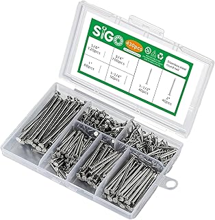 SIGO 430pcs Stainless Steel 304 Nails Kit, 6 Sizes (5/8", 3/4", 1", 1-1/4", 1-1/2", 2") for Picture Hanging, Wall & Woodworking Projects