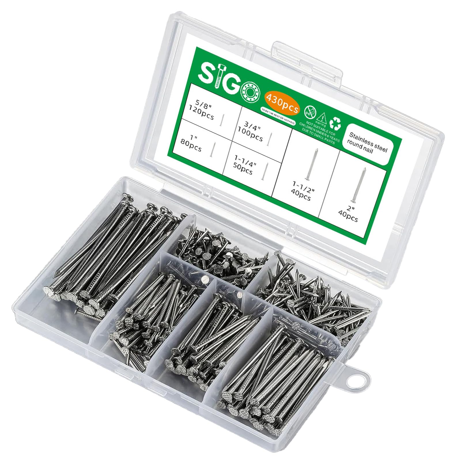 SIGO 430pcs Stainless Steel 304 Nails Kit, 6 Sizes (5/8", 3/4", 1", 1-1/4", 1-1/2", 2") for Picture Hanging, Wall &amp; Woodworking Projects