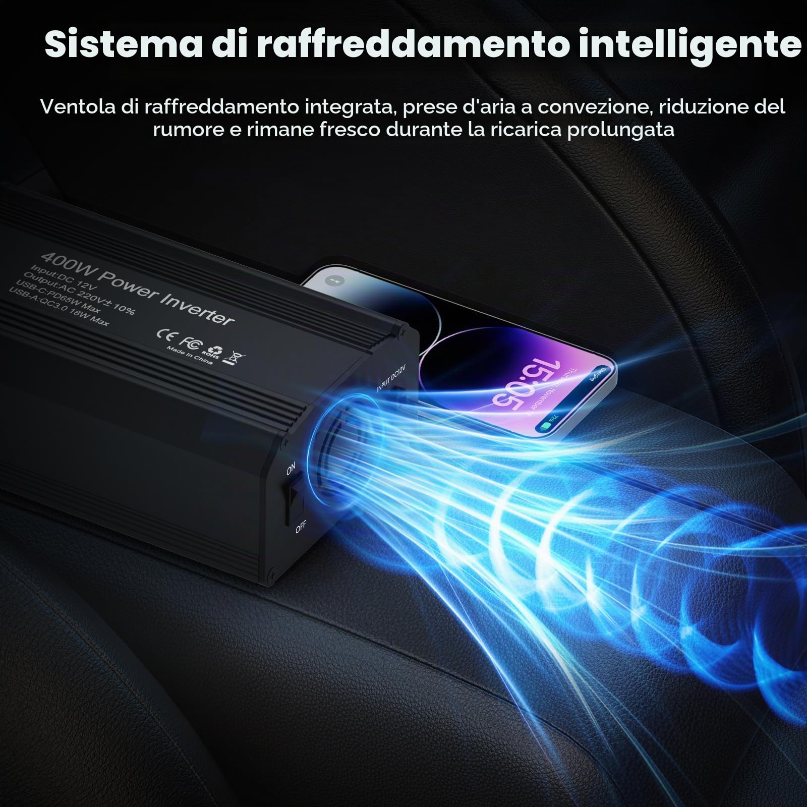 400w Invertitore Di Potenza Auto,Inverter 12 V 220 V Onda Pura, Premio Avec Allume Cigare,Con Pd65 W Usb-C, Qc3.0 Usb-A E 1 Presa, Supporto Per Ricarica Rapida E Con Interfaccia Per Accendini A Bordo