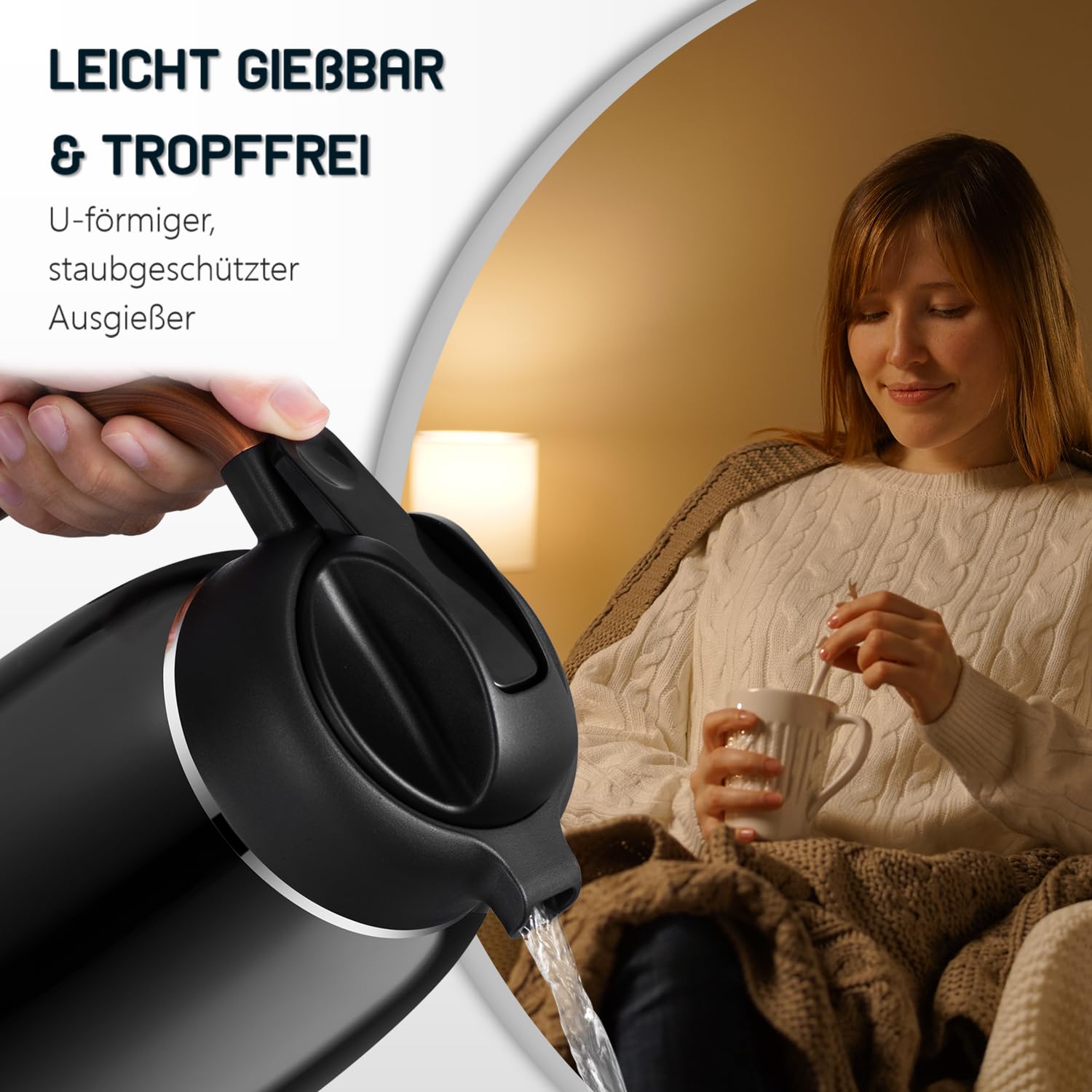 VETIN Termo con colador de té de 1,5 l, jarra térmica de doble pared de acero inoxidable 304, tetera térmica con colador, jarra térmica de 12 horas de calor/24 horas de frío (negro)