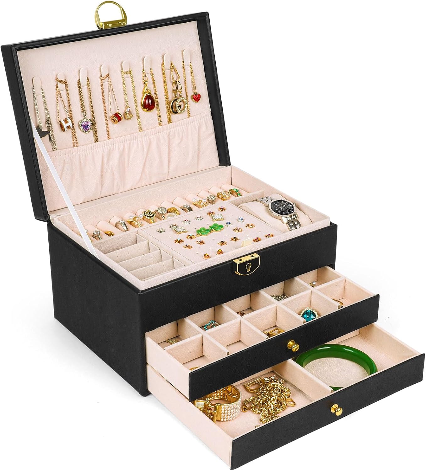 SYCARON Large Jewelry Box Organizer for Women Girls, 3 Layers PU Leather Jewelry Storage Case with Lock for Women and Girls Necklace Bracelets Earrings Rings Organizer, Black