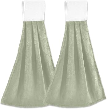 Burbuja Sage Green Solid Color Hanging Kitchen Towels Set of 2, Soft Absorbent Hand Towels with Loop, Microfiber Tie Towel for Bathroom Kitchen Decor