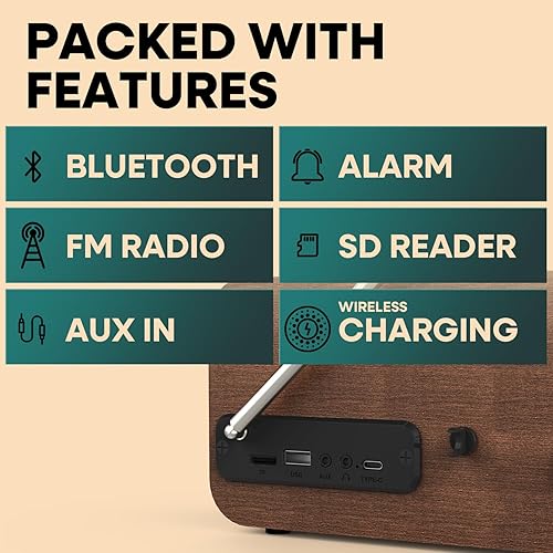 Miniatura 4 de Fuse Hark Altavoz de radio Bluetooth  Cargador inalámbrico de 10 W  Altavoz de radio FM con Bluetooth y entrada AUX  Reloj despertador  Regulador de