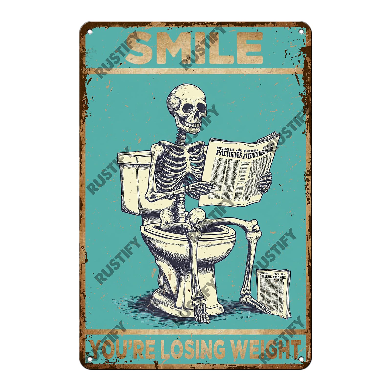 Anceky Skull Reading Newspapers Tin Sign Vintage Metal Sign Wall Decor for Outdoor Entryway Home Garage Backyard 12×16 Inch