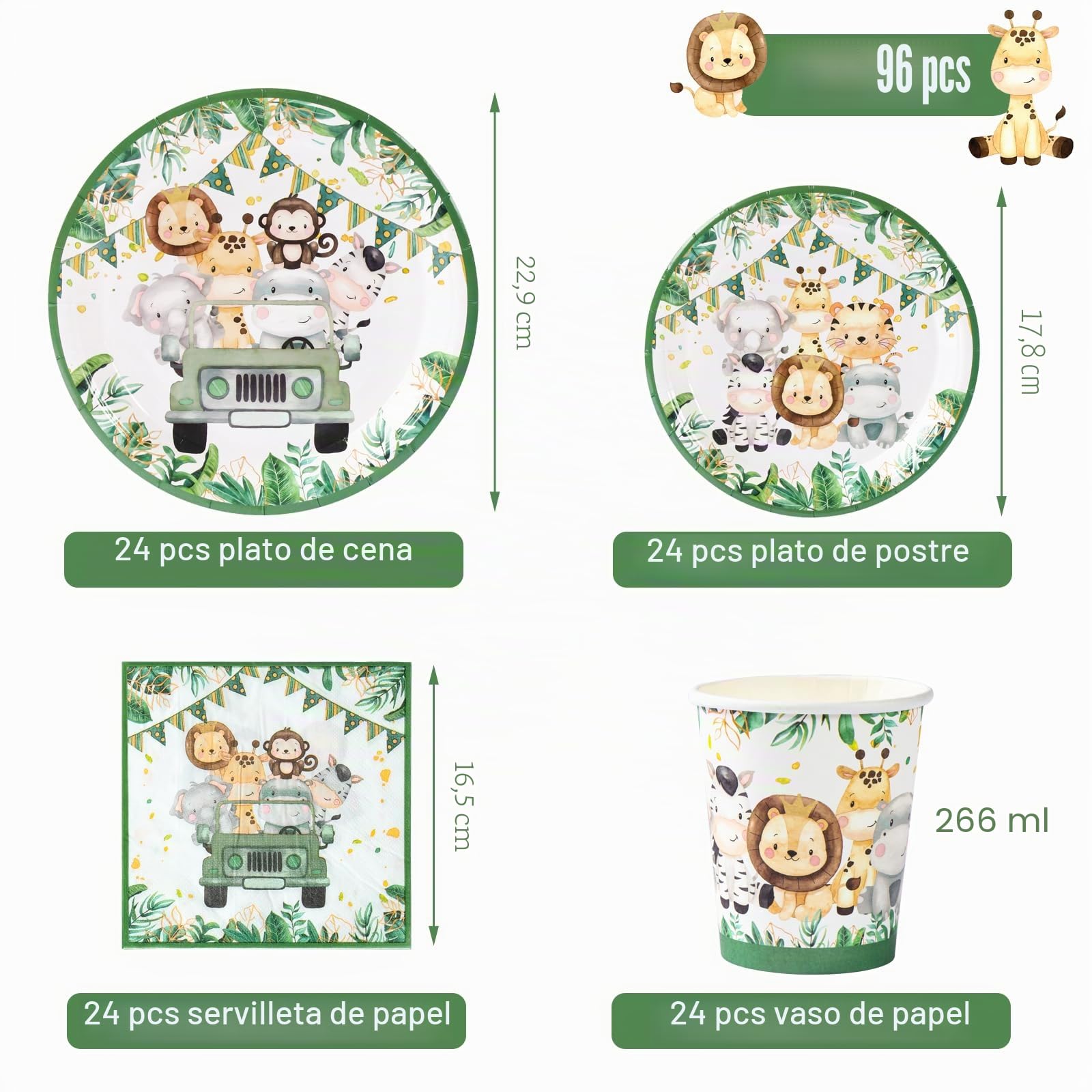 Vajilla Desechable Jungle Safari, 96 Piezas Vajilla Desechable Animale, Verde Salvia Platos Cumpleaños Infantil, Platos Tazas Servilletas Animale para Jungle Safari Cumpleaños Baby Shower 24 Invitados