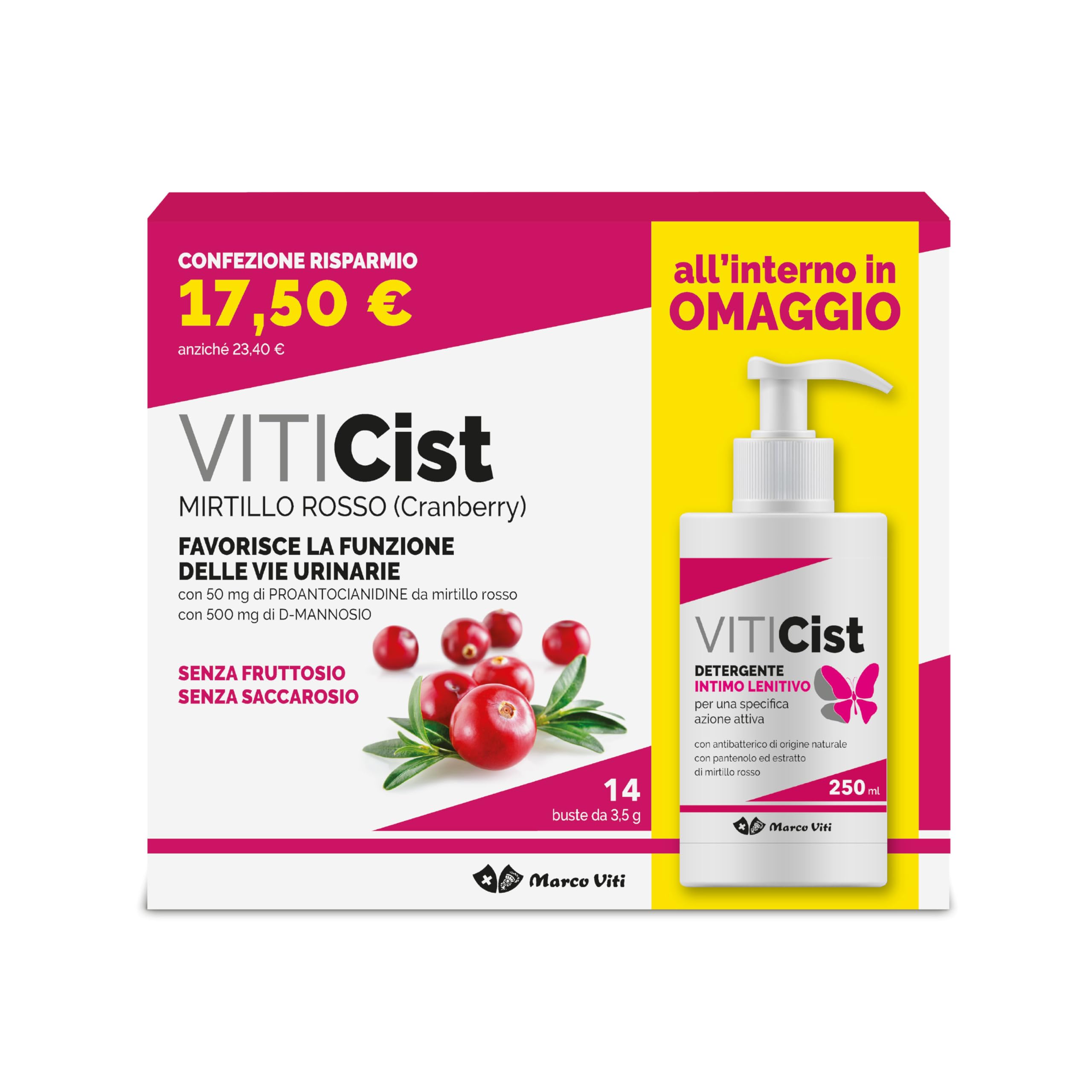 Marco Viti Viticist Kit Integratore con Cranberry e D-Mannosio + Detergente Intimo Lenitivo, 14 Bustine da 3,5 g + 250 ml, Supporto Vie Urinarie, Senza Glutine e Lattosio