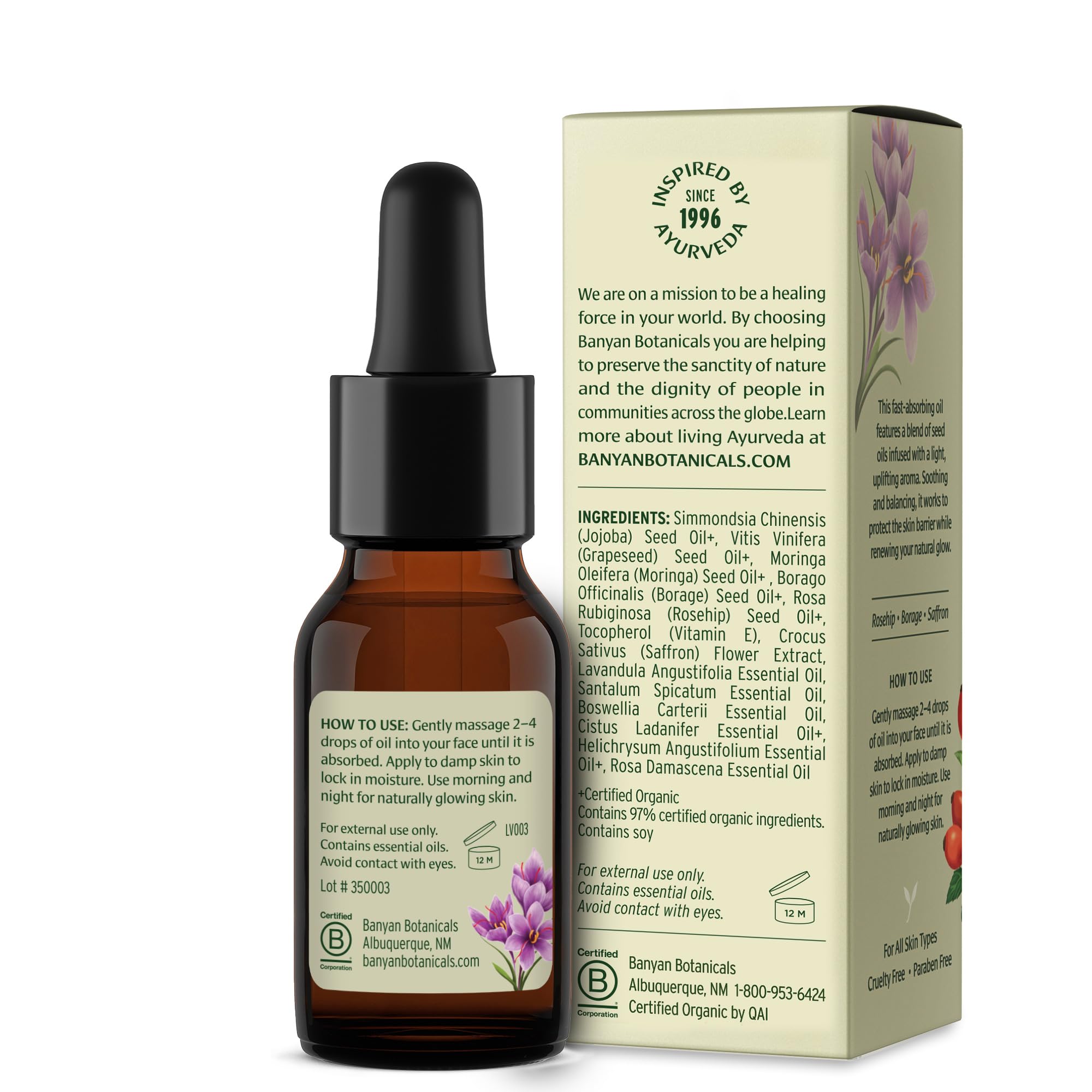 Banyan Botanicals Olio viso – Lussuoso olio viso ayurvedico – Cura della pelle pulita con olio di rosa canina e olio di jojoba per una pelle brillante – 14 g – senza OGM, senza cruelty