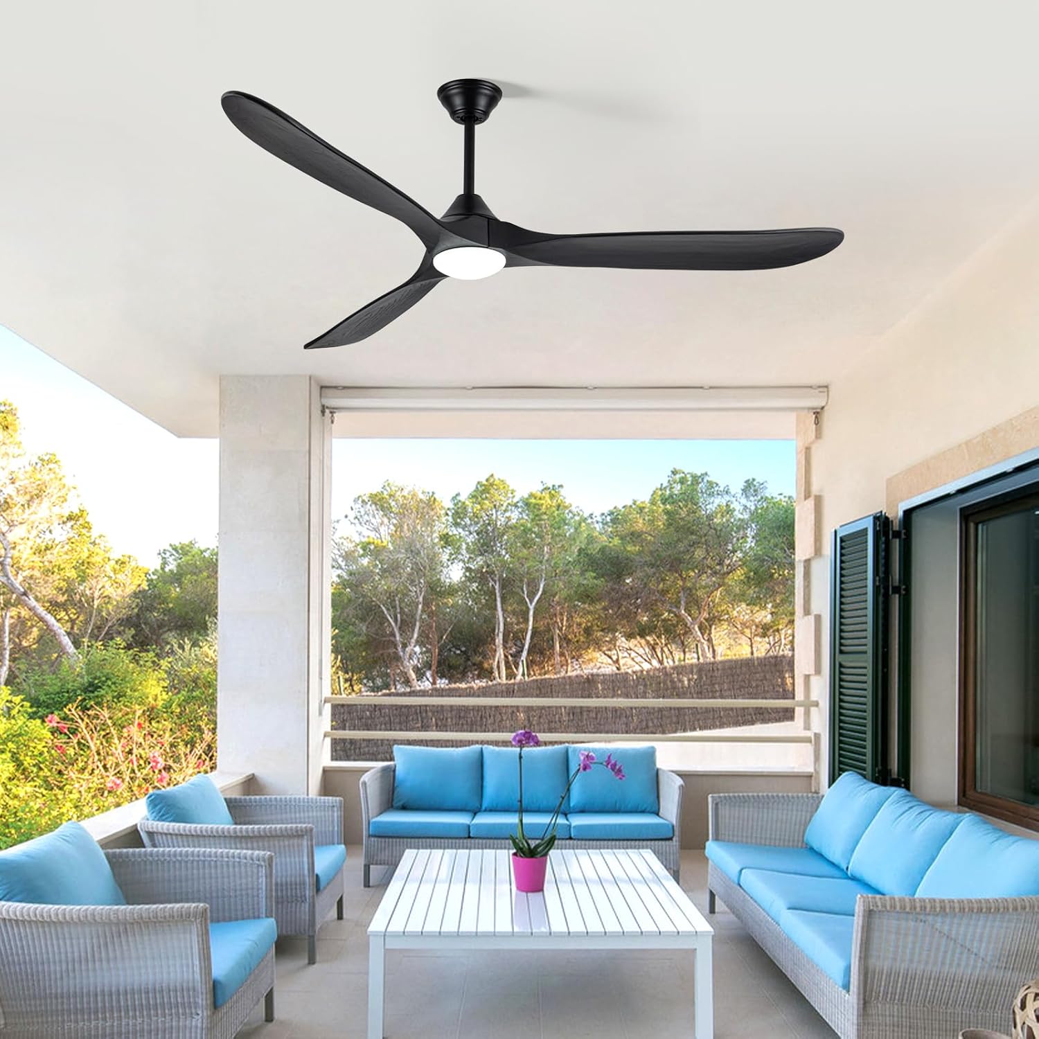 60 Inch Black Outdoor Ceiling Fans for Patios with Lights, Large Smart Ceiling Fan with Remote/APP, Wood Ceiling Fan Propeller with Quiet High CFM DC Motor, Damp Rated for Porch Pavilion Gazebo
