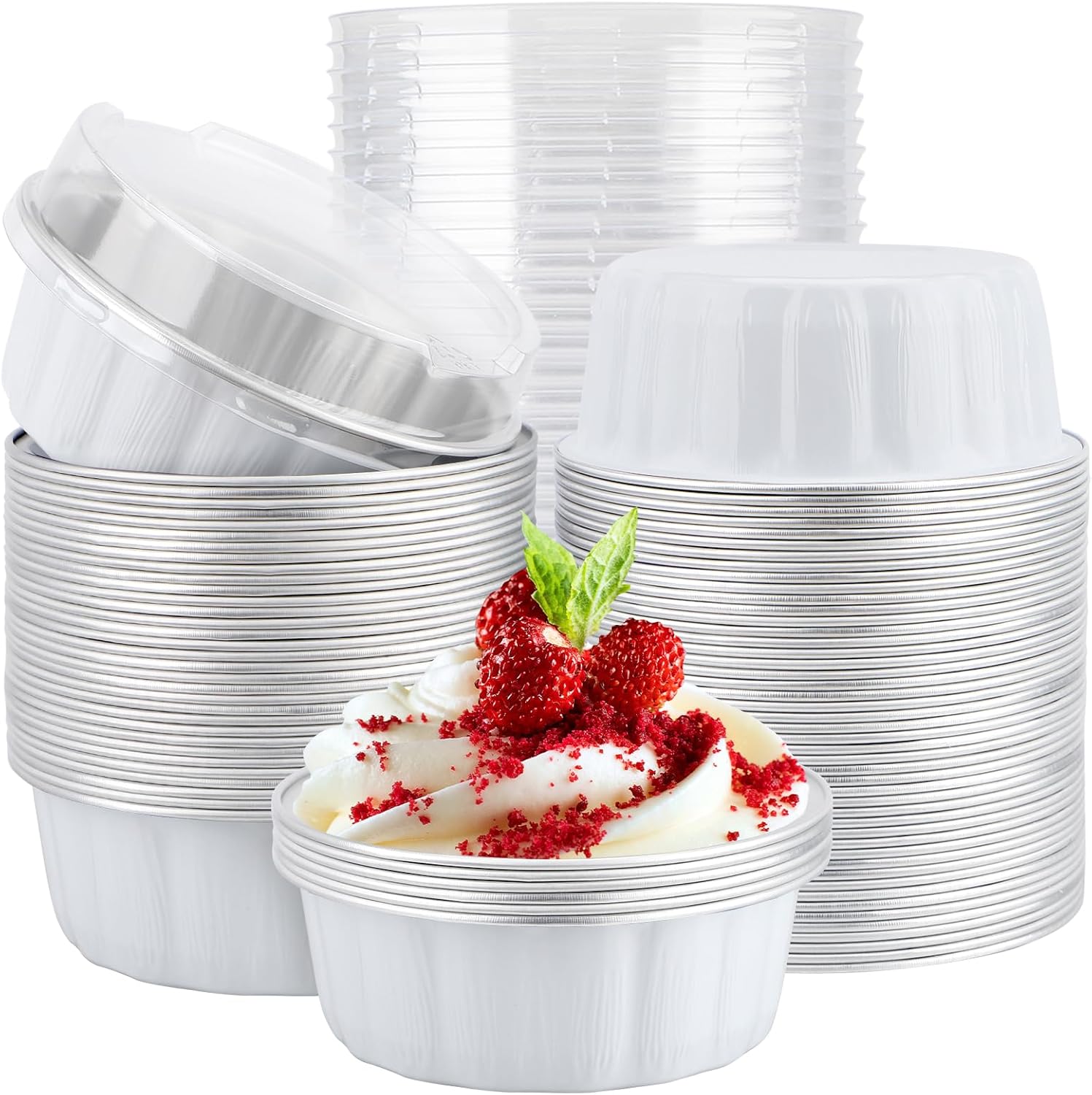 EUSOAR Disposable Ramekins with Lids, 100pcs 9oz White Deli Containers Foil Cupcake Liners for Baking, Mini Aluminum Pans Pie Cupcakes Creme Brulee Cups Bread Pudding Loaf Holders for Wedding Party