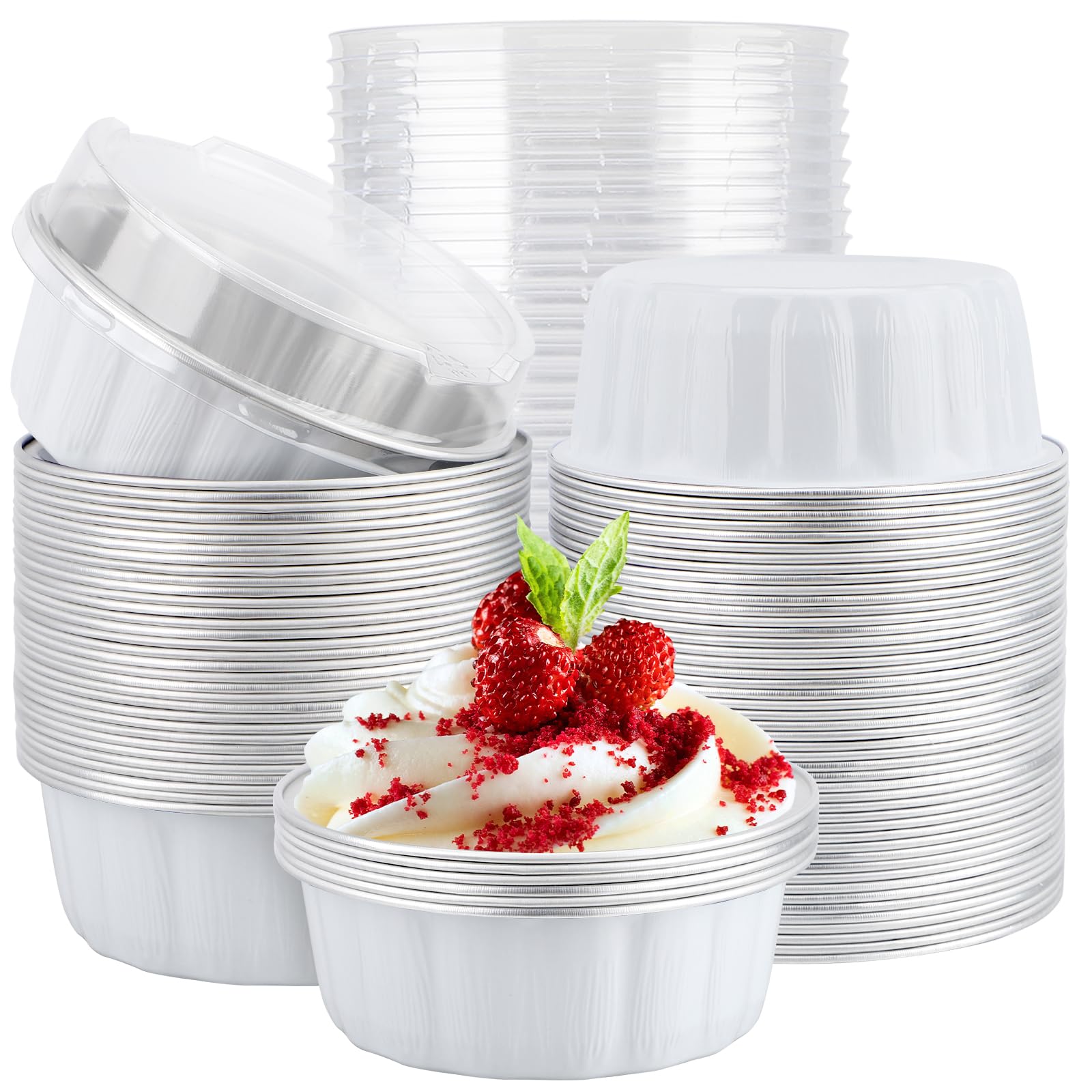 EUSOAR Contenedores de delicatessen con tapas, 100 piezas de papel de aluminio blanco de 9 onzas para hornear, ramequines desechables, pasteles, cupcakes, pan, pudín, pan, pan, pan, pan, sartenes,